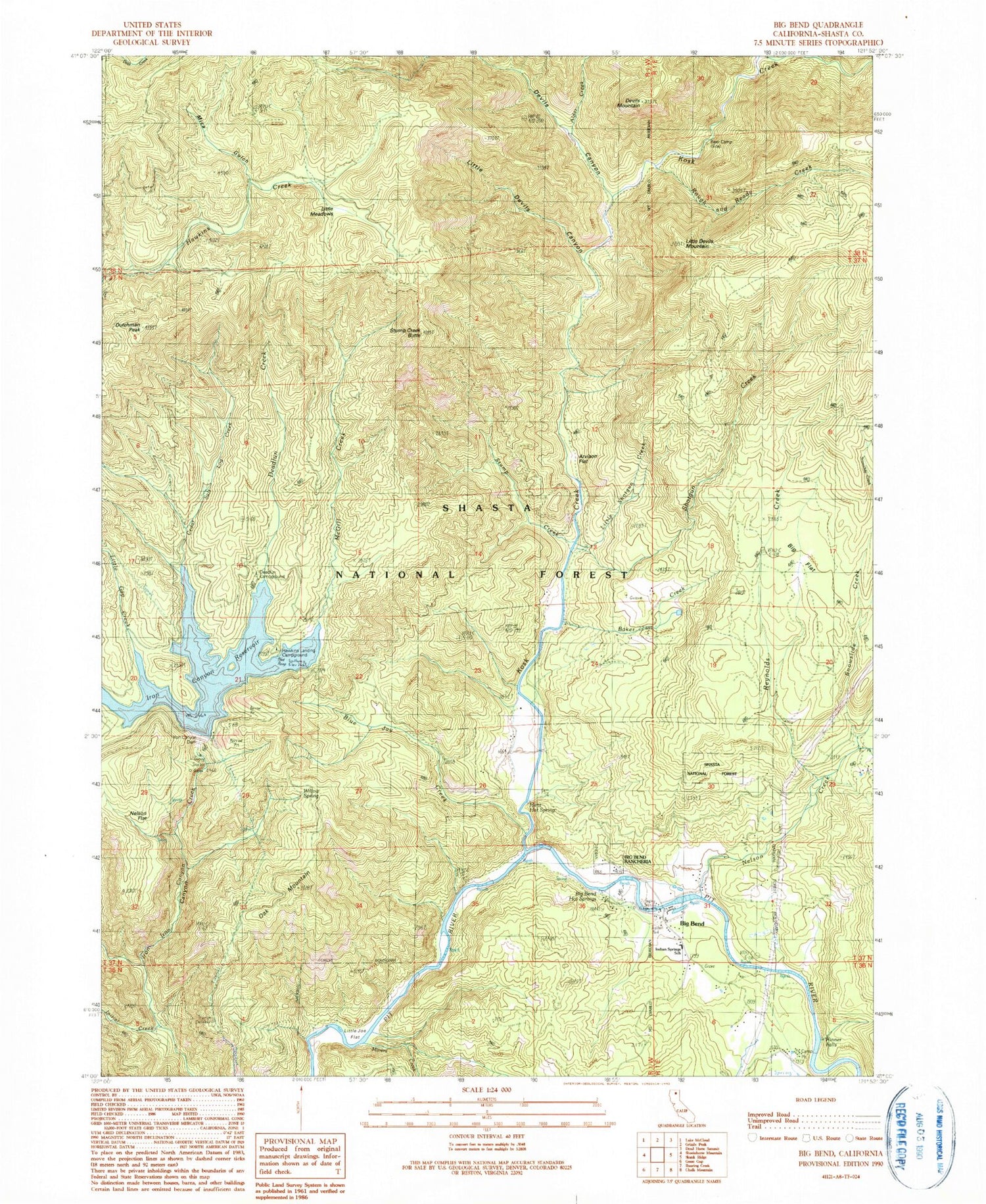 Classic USGS Big Bend California 7.5'x7.5' Topo Map Image