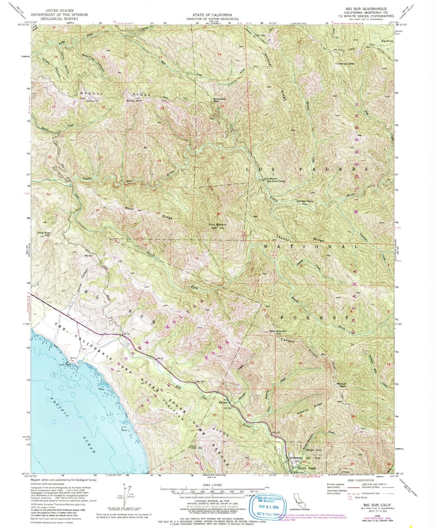 Classic USGS Big Sur California 7.5'x7.5' Topo Map Image
