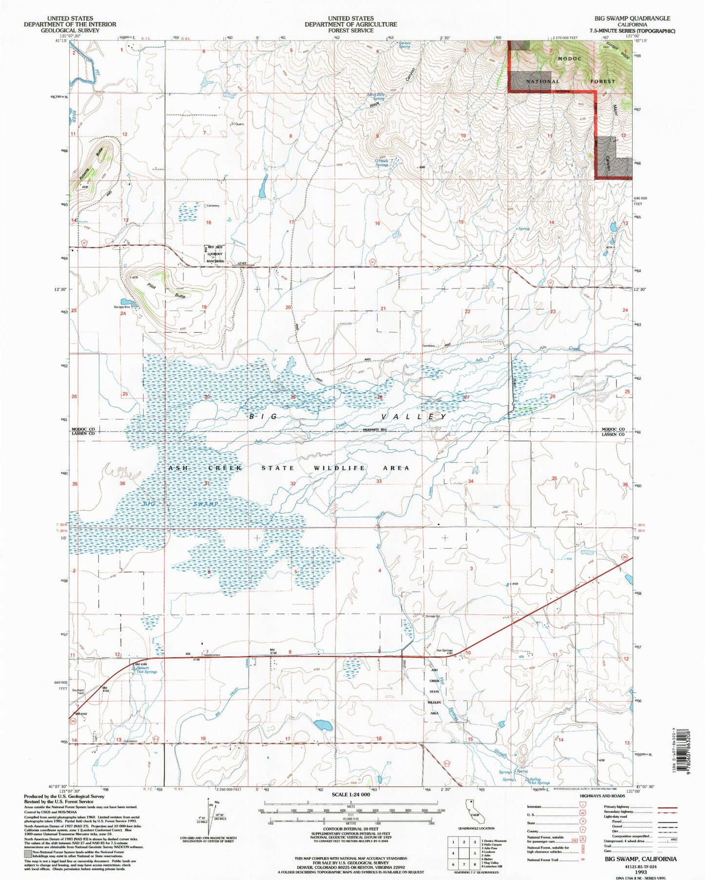 Classic USGS Big Swamp California 7.5'x7.5' Topo Map Image