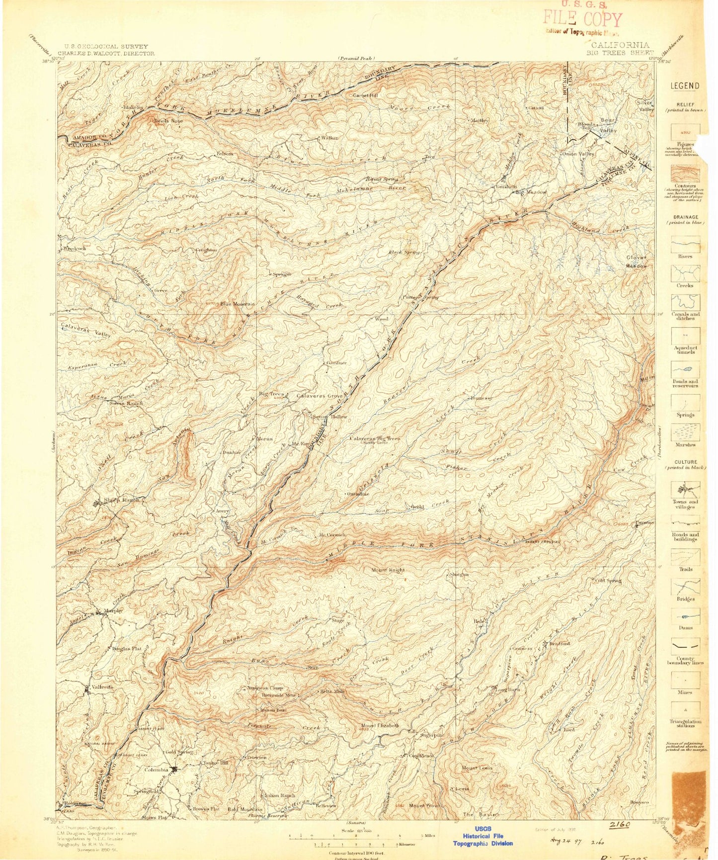 Historic 1897 Big Trees California 30'x30' Topo Map Image