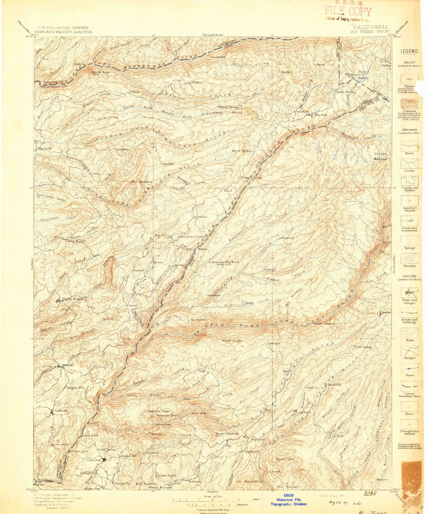 Historic 1897 Big Trees California 30'x30' Topo Map Image