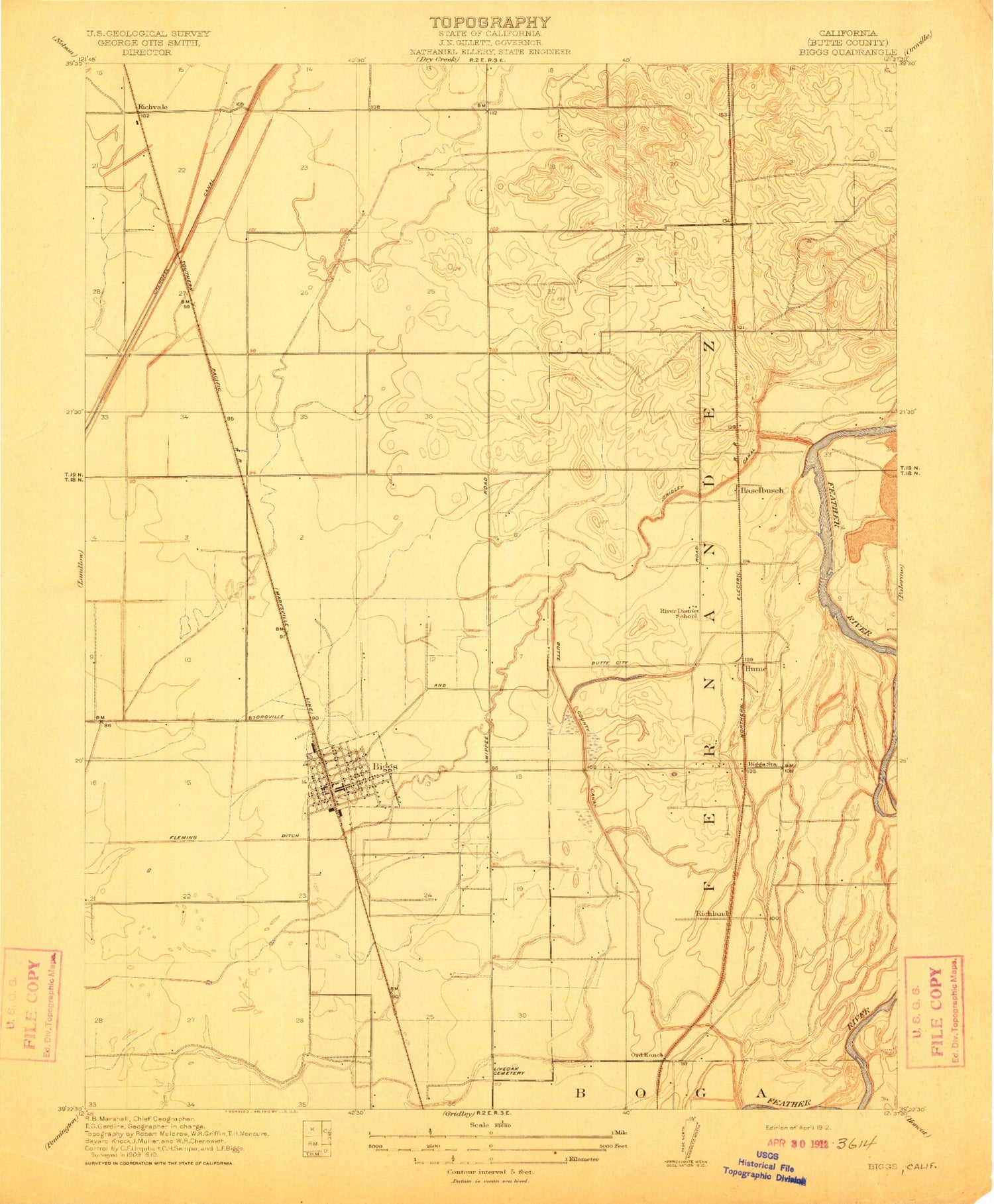Classic USGS Biggs California 7.5'x7.5' Topo Map Image