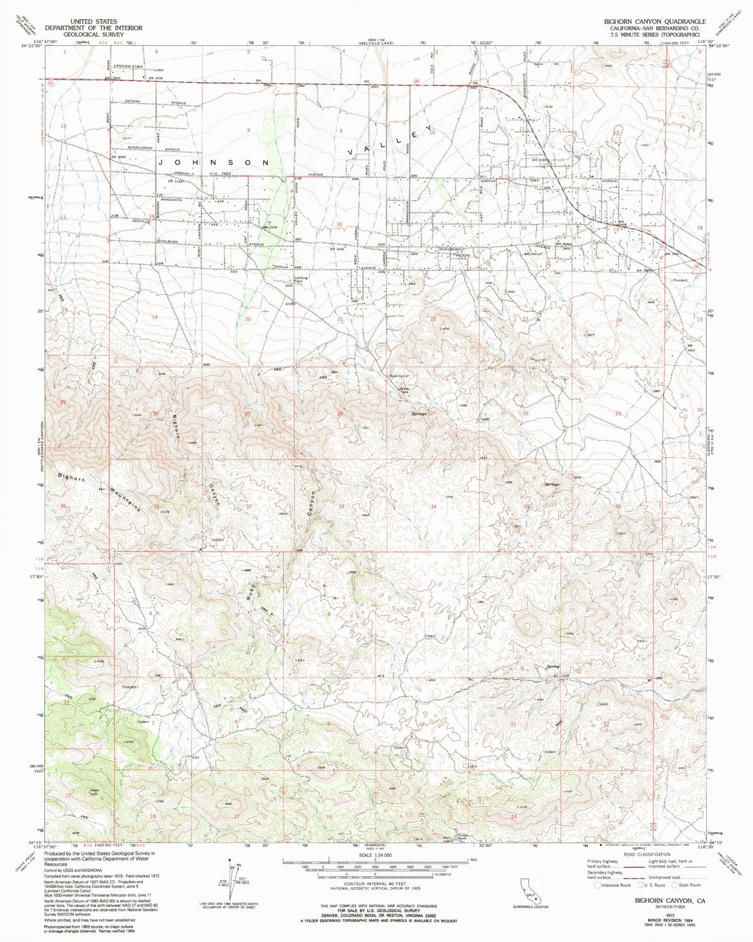 Classic USGS Bighorn Canyon California 7.5'x7.5' Topo Map Image