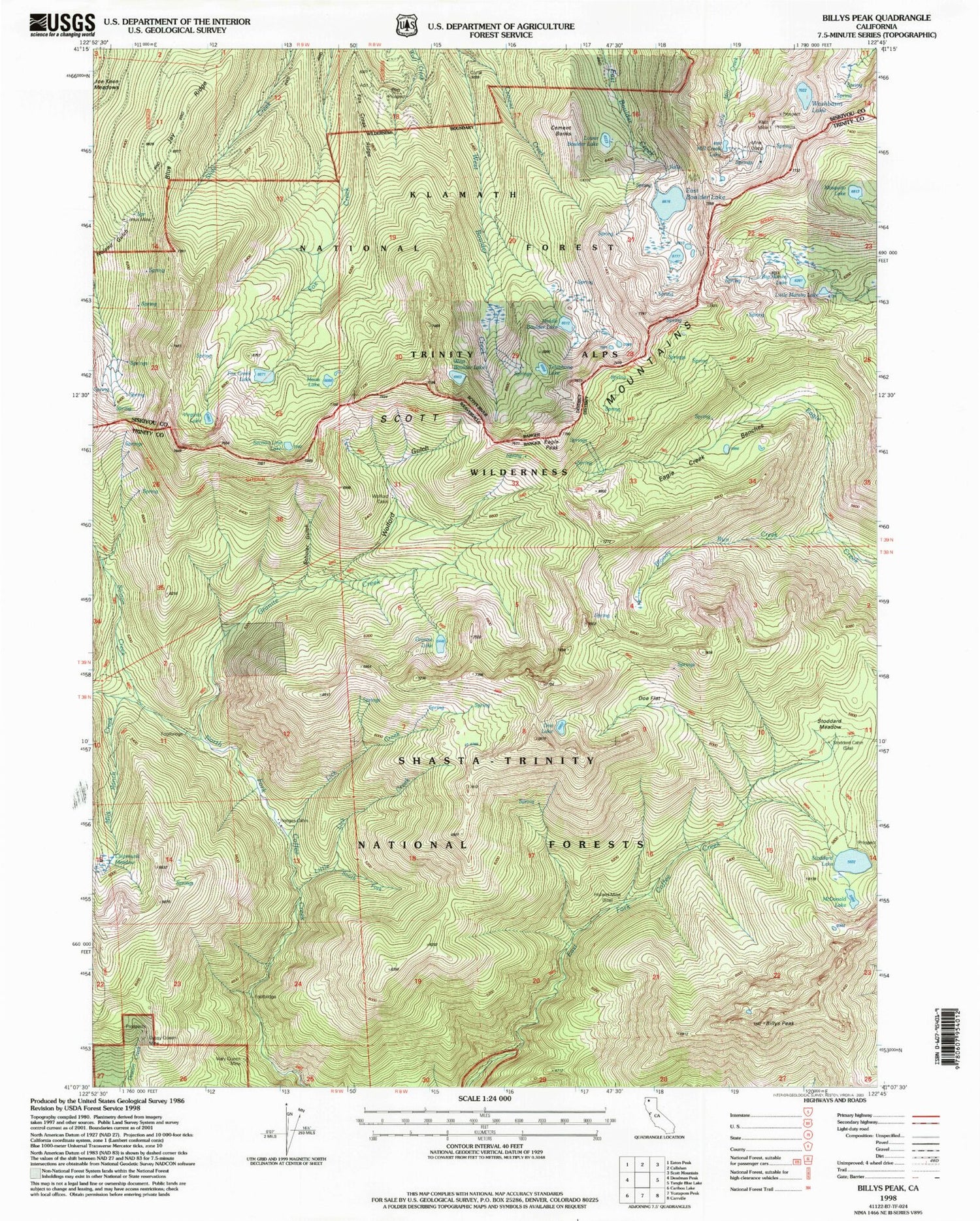 Classic USGS Billys Peak California 7.5'x7.5' Topo Map Image