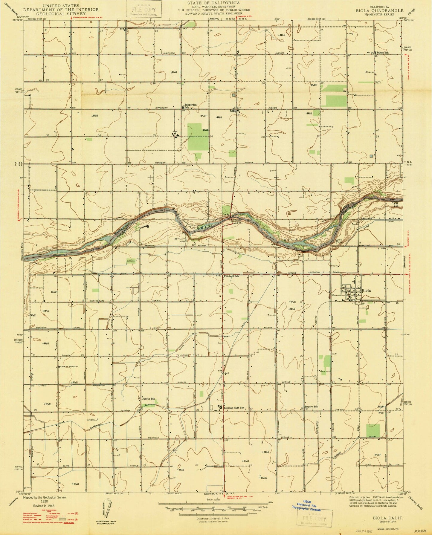 Classic USGS Biola California 7.5'x7.5' Topo Map Image