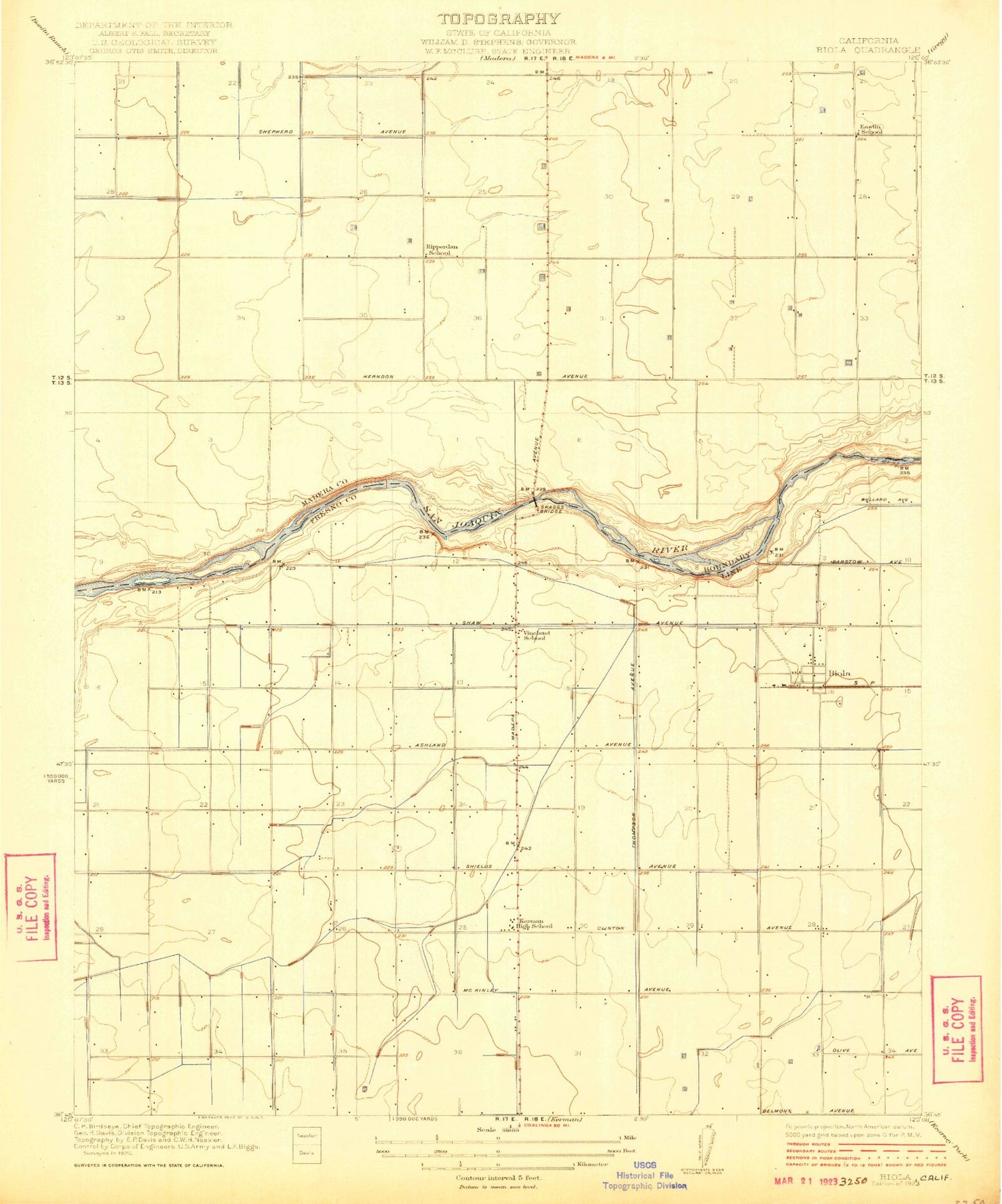 Classic USGS Biola California 7.5'x7.5' Topo Map Image