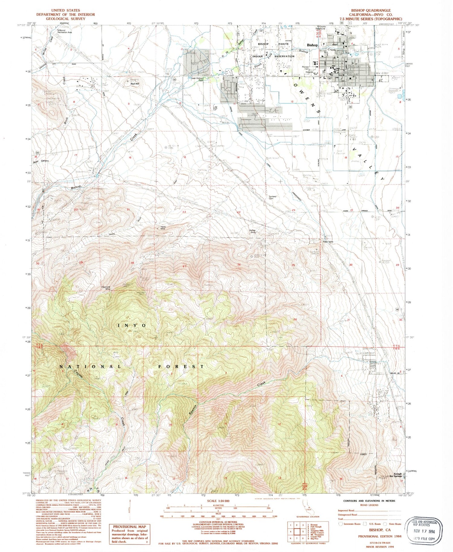 Classic USGS Bishop California 7.5'x7.5' Topo Map Image