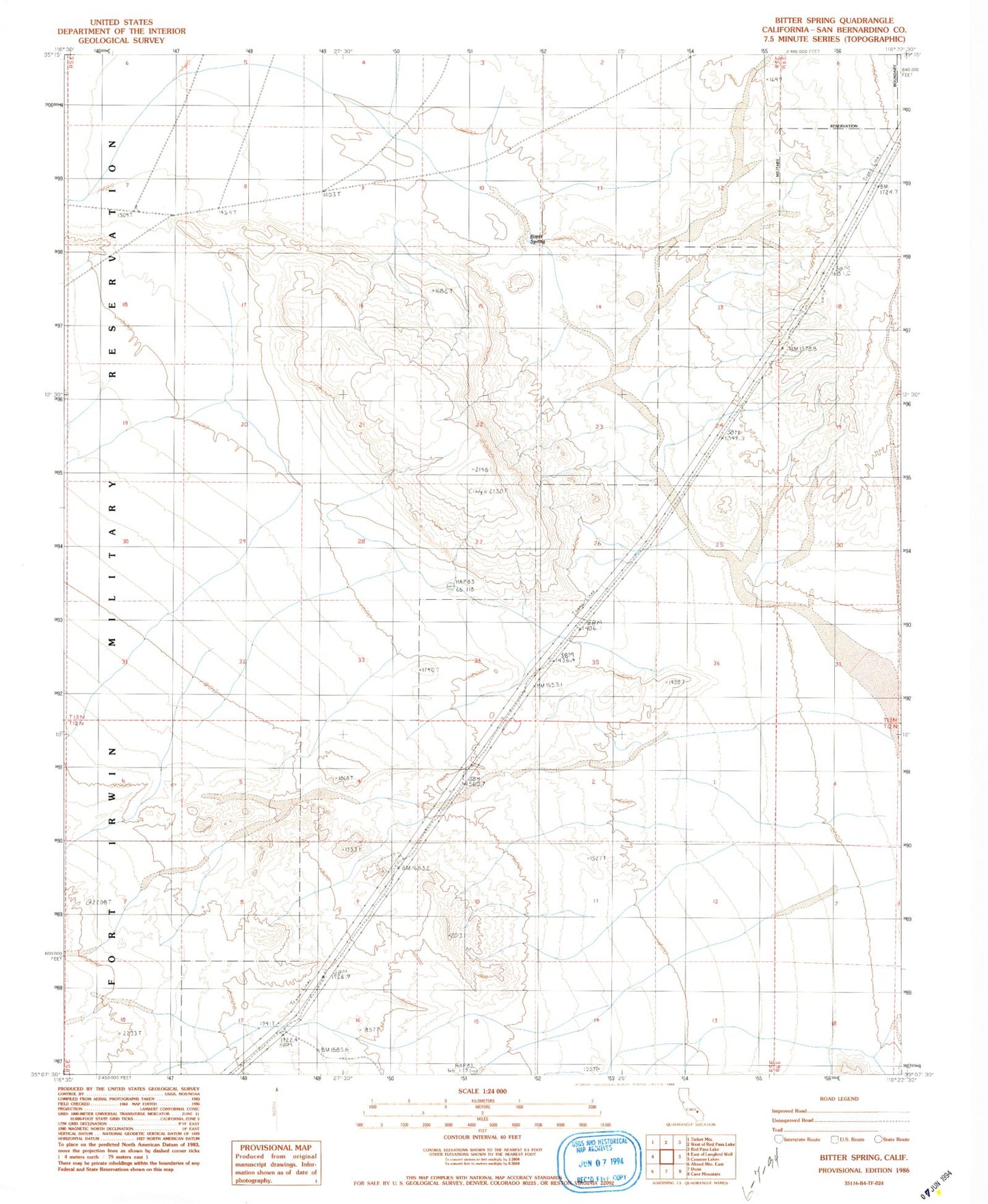 Classic USGS Bitter Spring California 7.5'x7.5' Topo Map Image