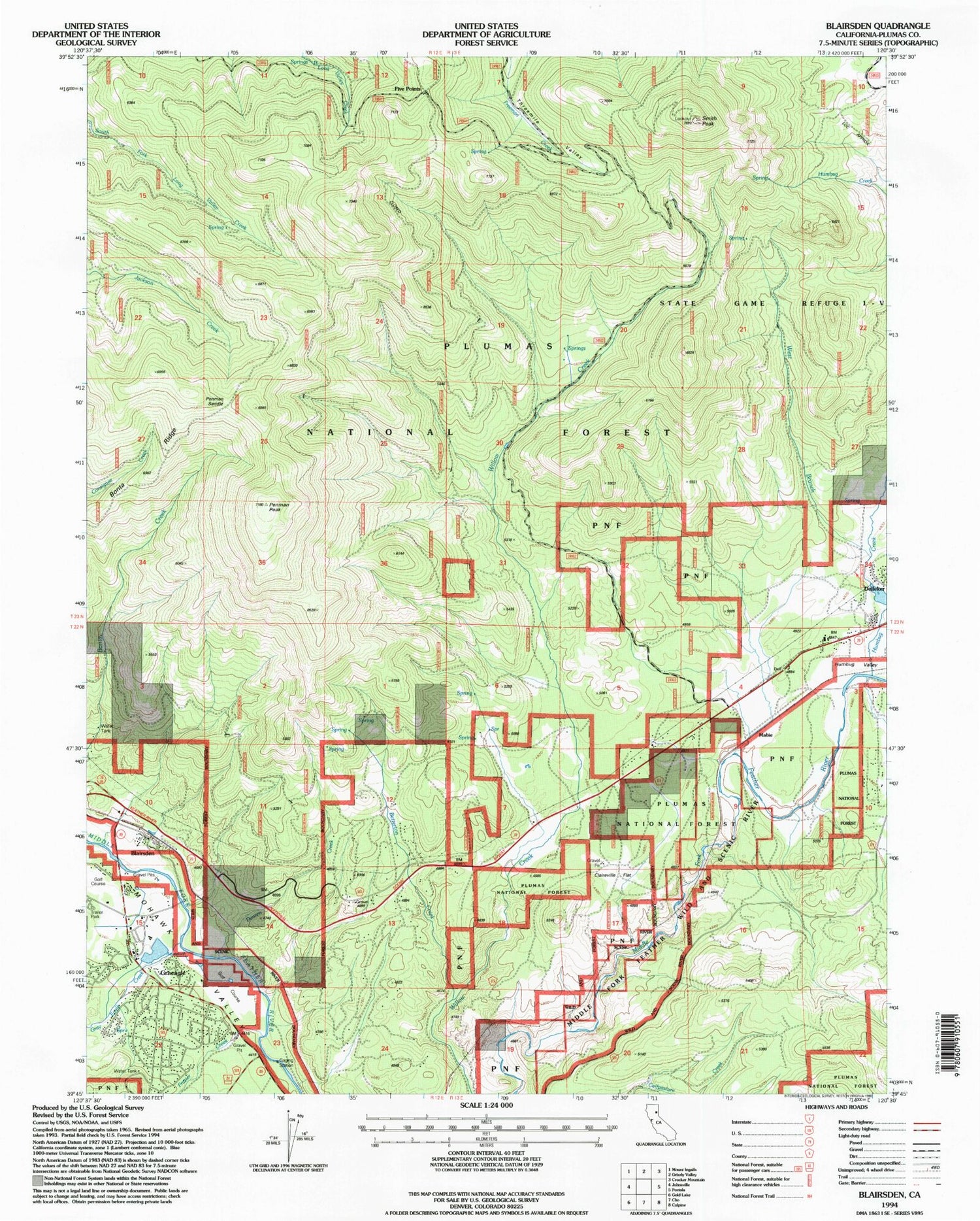 Classic USGS Blairsden California 7.5'x7.5' Topo Map Image