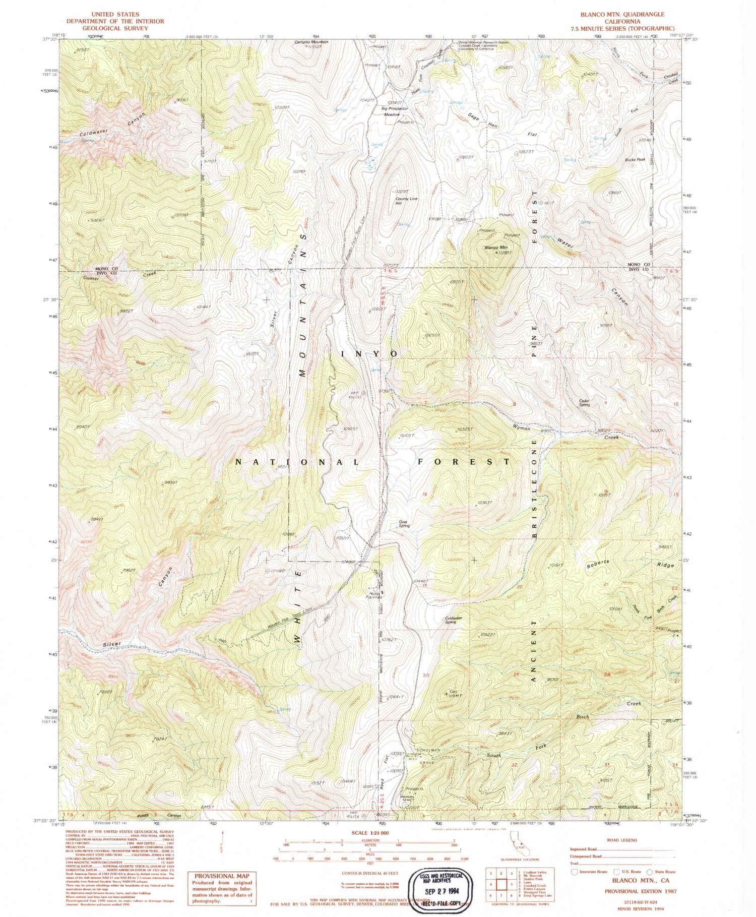 Classic USGS Blanco Mountain California 7.5'x7.5' Topo Map Image