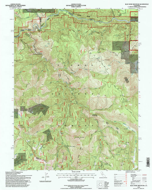 Classic USGS Blue Nose Mountain California 7.5'x7.5' Topo Map Image