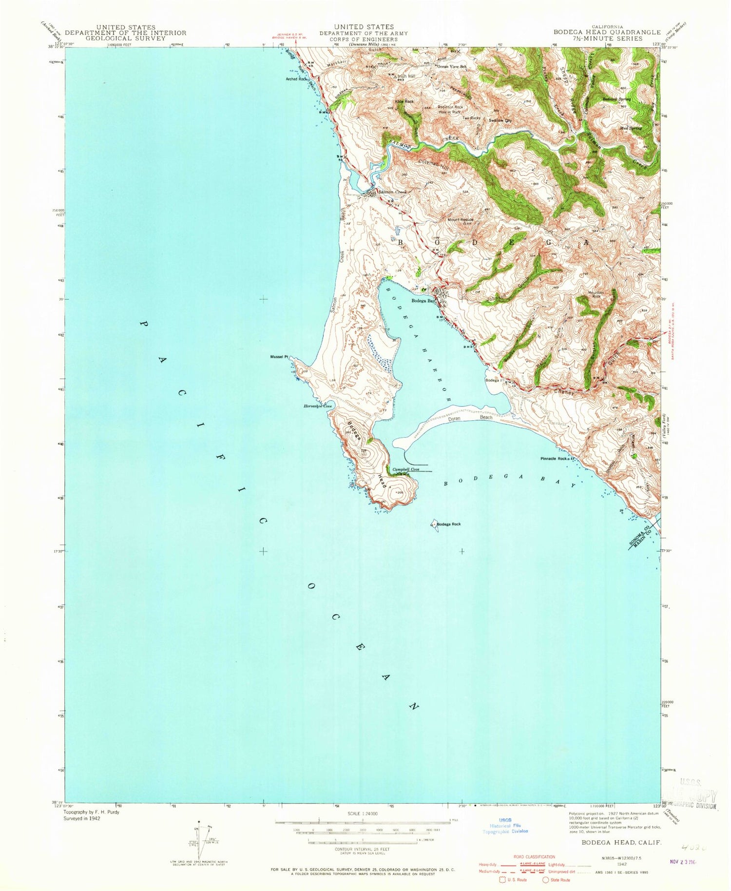 Classic USGS Bodega Head California 7.5'x7.5' Topo Map Image