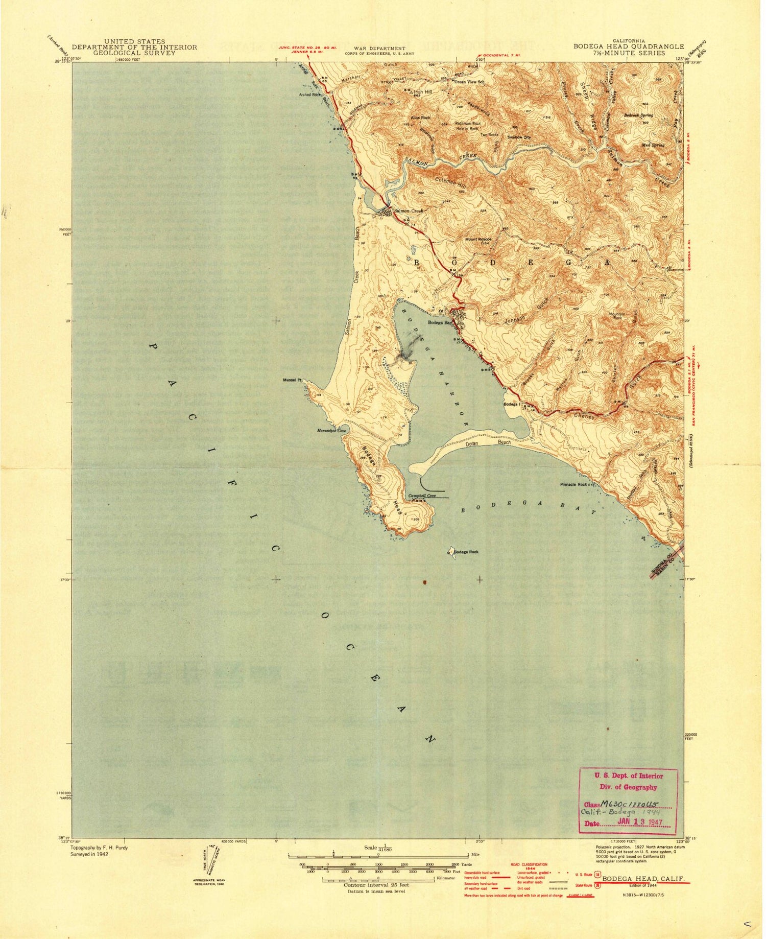 Classic USGS Bodega Head California 7.5'x7.5' Topo Map Image
