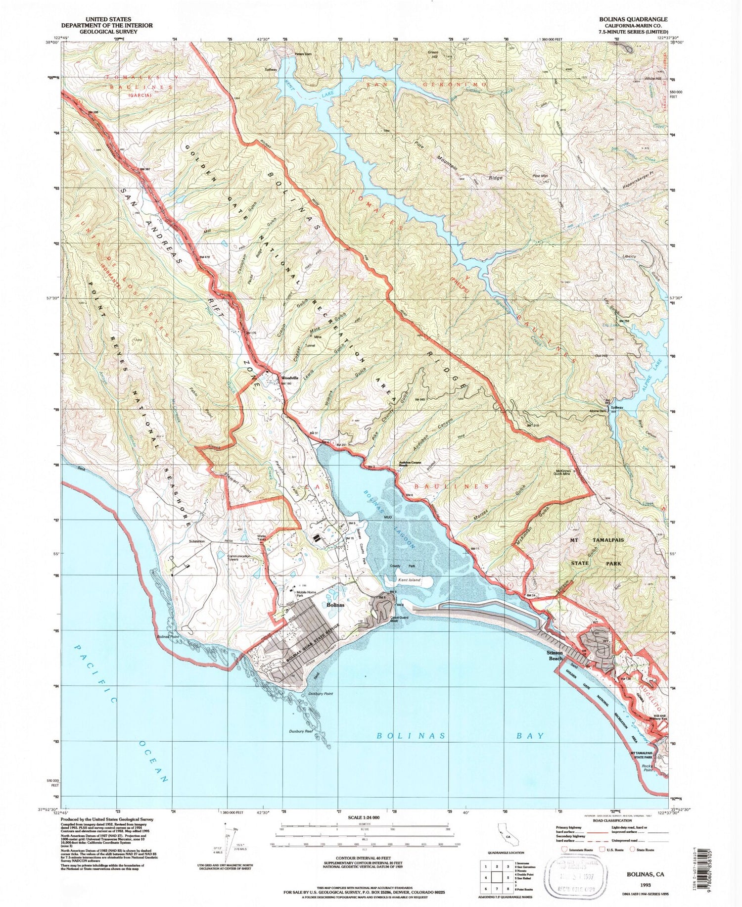 Classic USGS Bolinas California 7.5'x7.5' Topo Map Image