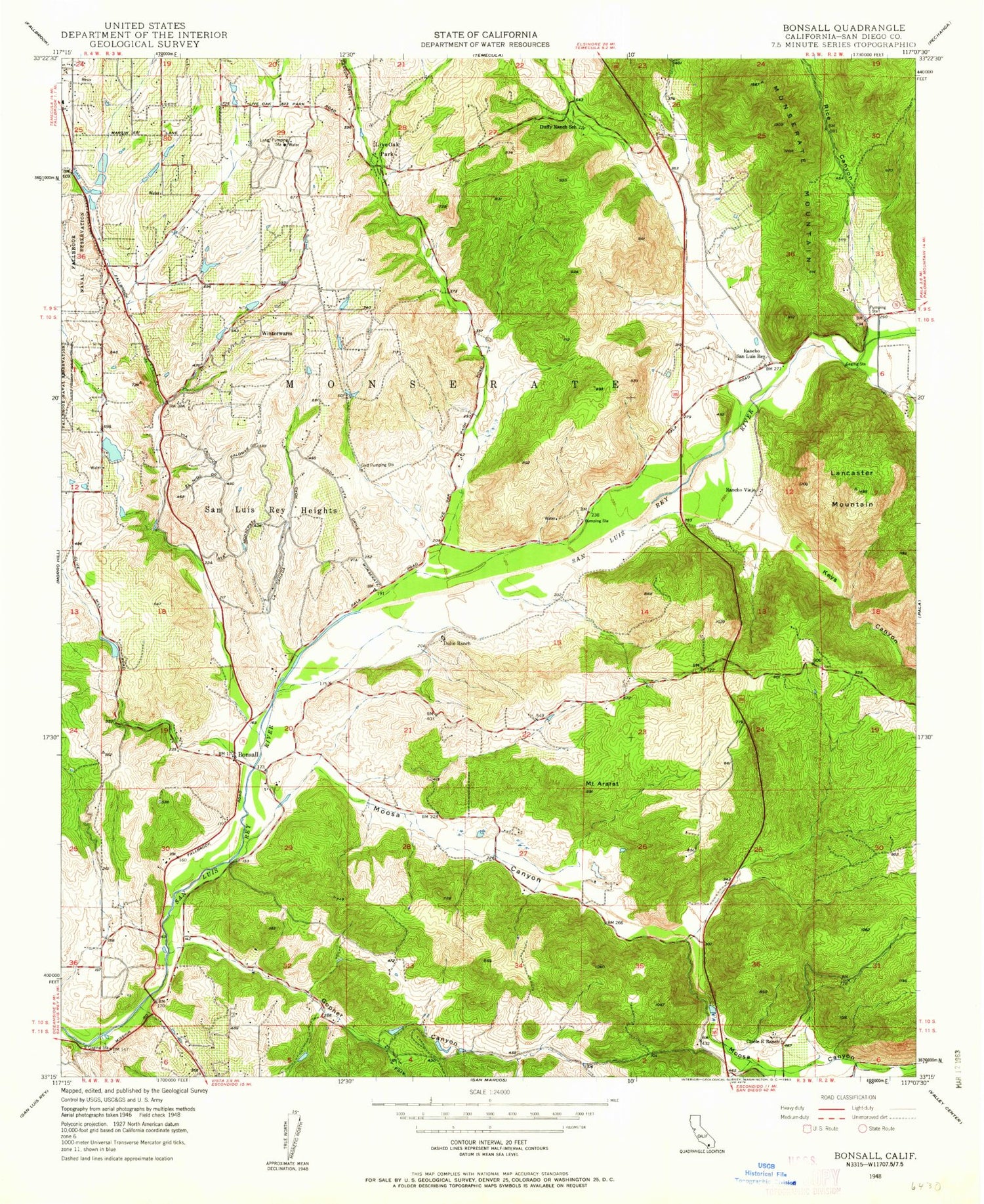 Classic USGS Bonsall California 7.5'x7.5' Topo Map Image