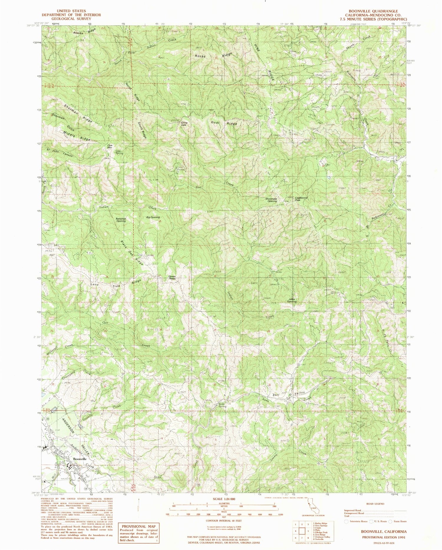 Classic USGS Boonville California 7.5'x7.5' Topo Map Image