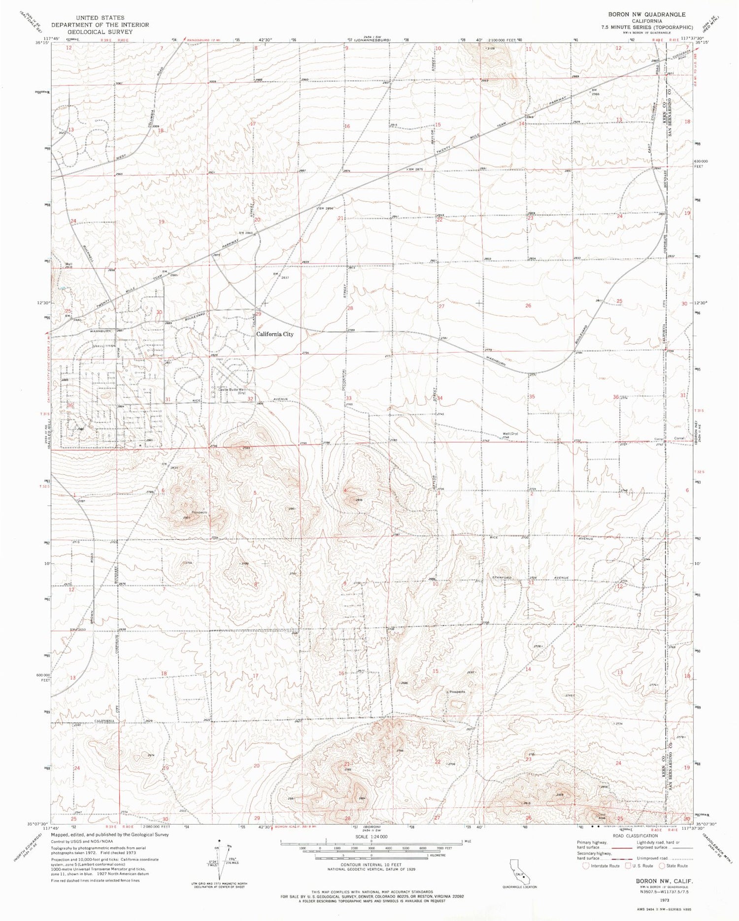 Classic USGS Boron NW California 7.5'x7.5' Topo Map Image