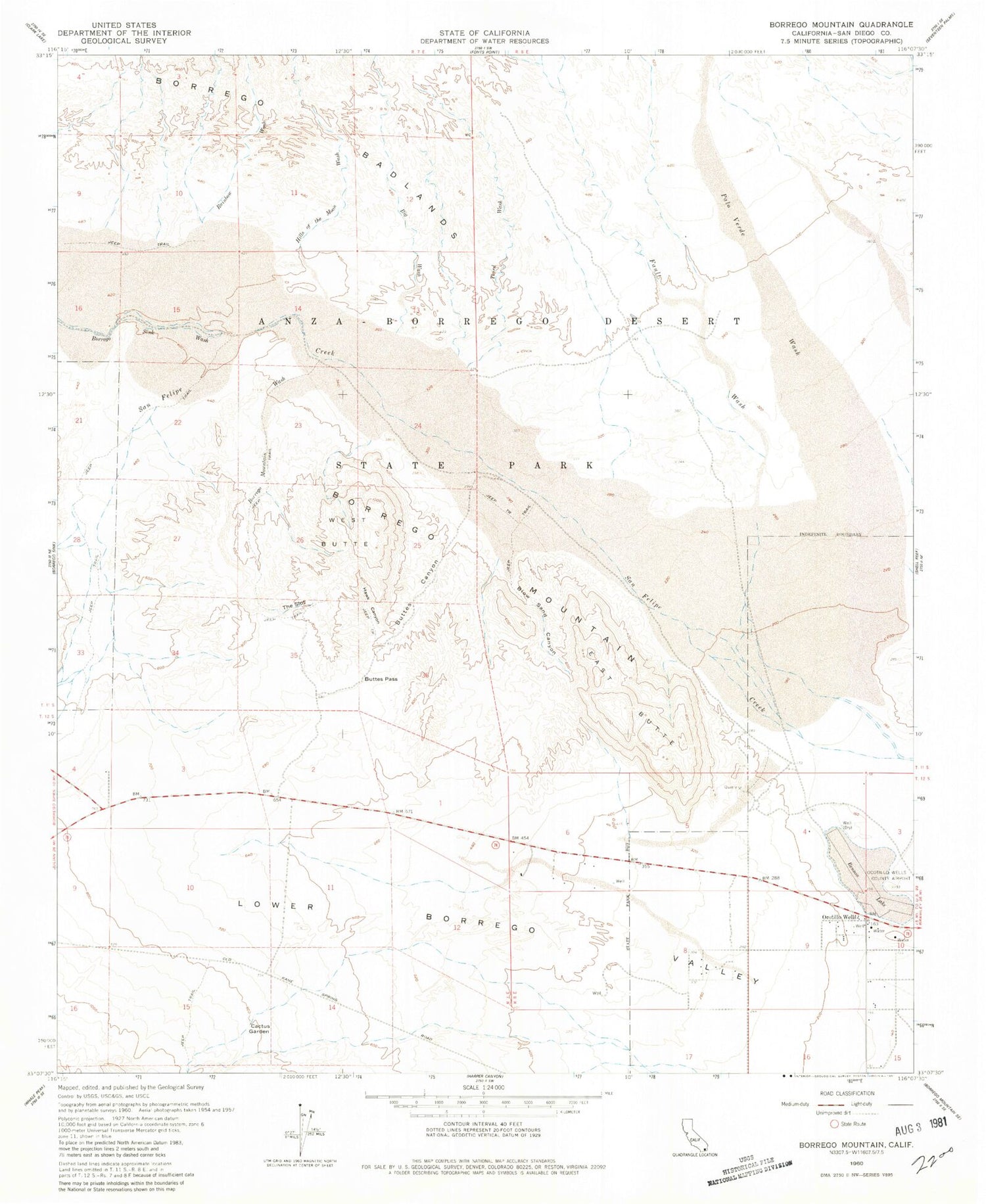 Classic USGS Borrego Mountain California 7.5'x7.5' Topo Map Image
