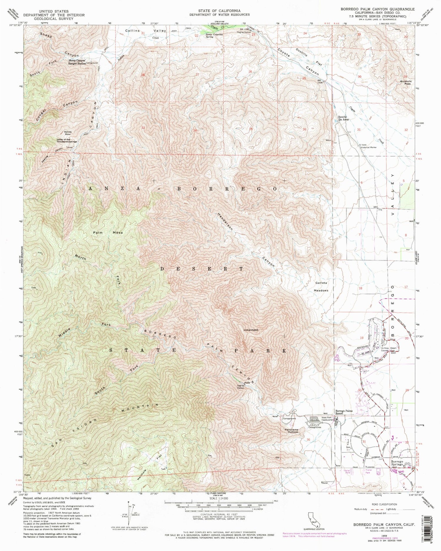 Classic USGS Borrego Palm Canyon California 7.5'x7.5' Topo Map Image