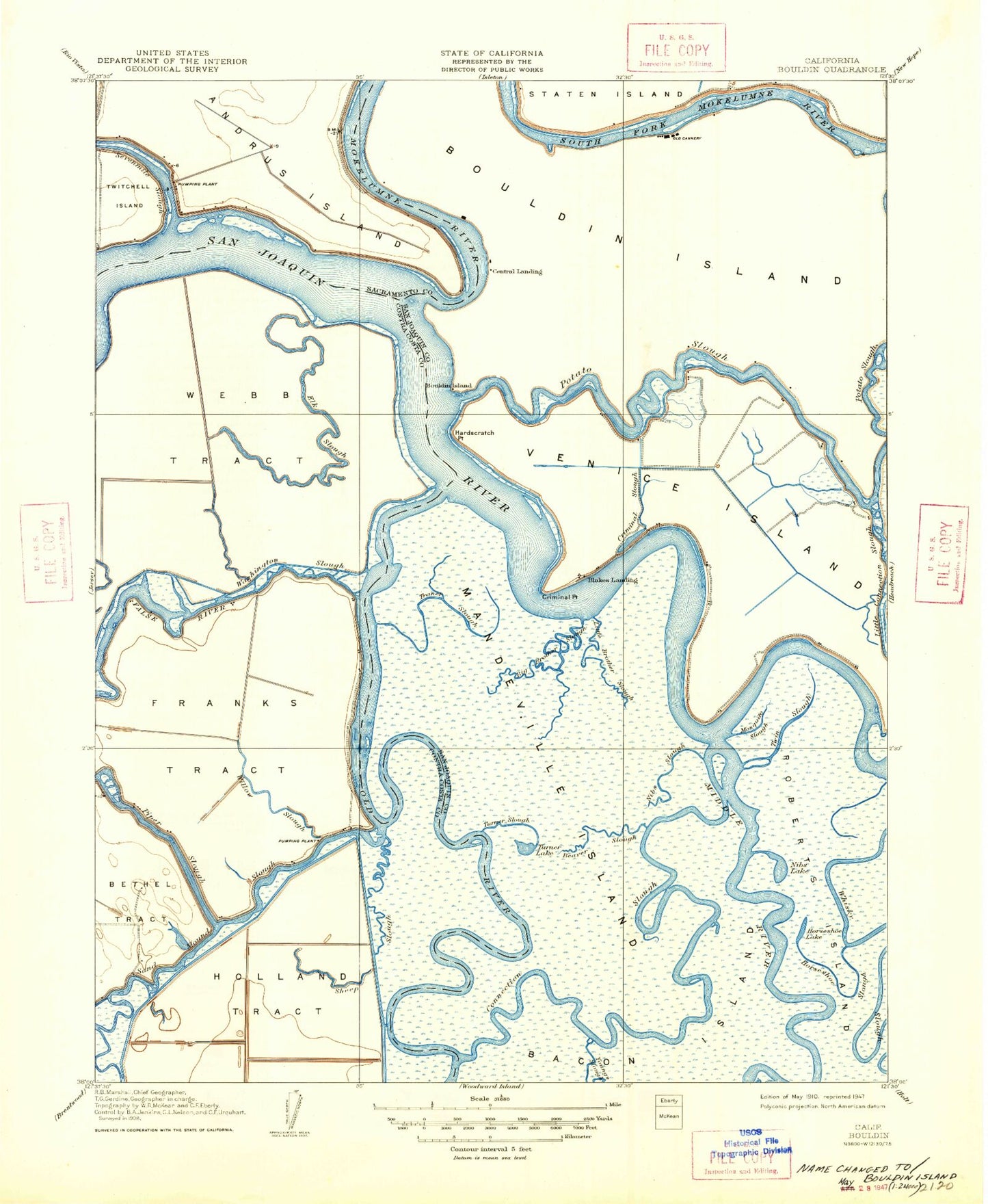 Classic USGS Bouldin Island California 7.5'x7.5' Topo Map Image