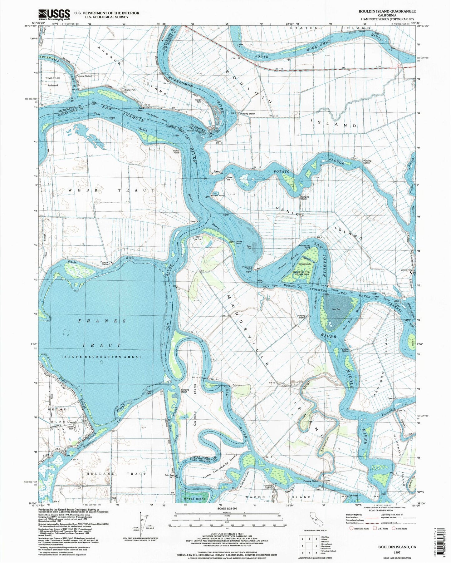 Classic USGS Bouldin Island California 7.5'x7.5' Topo Map Image