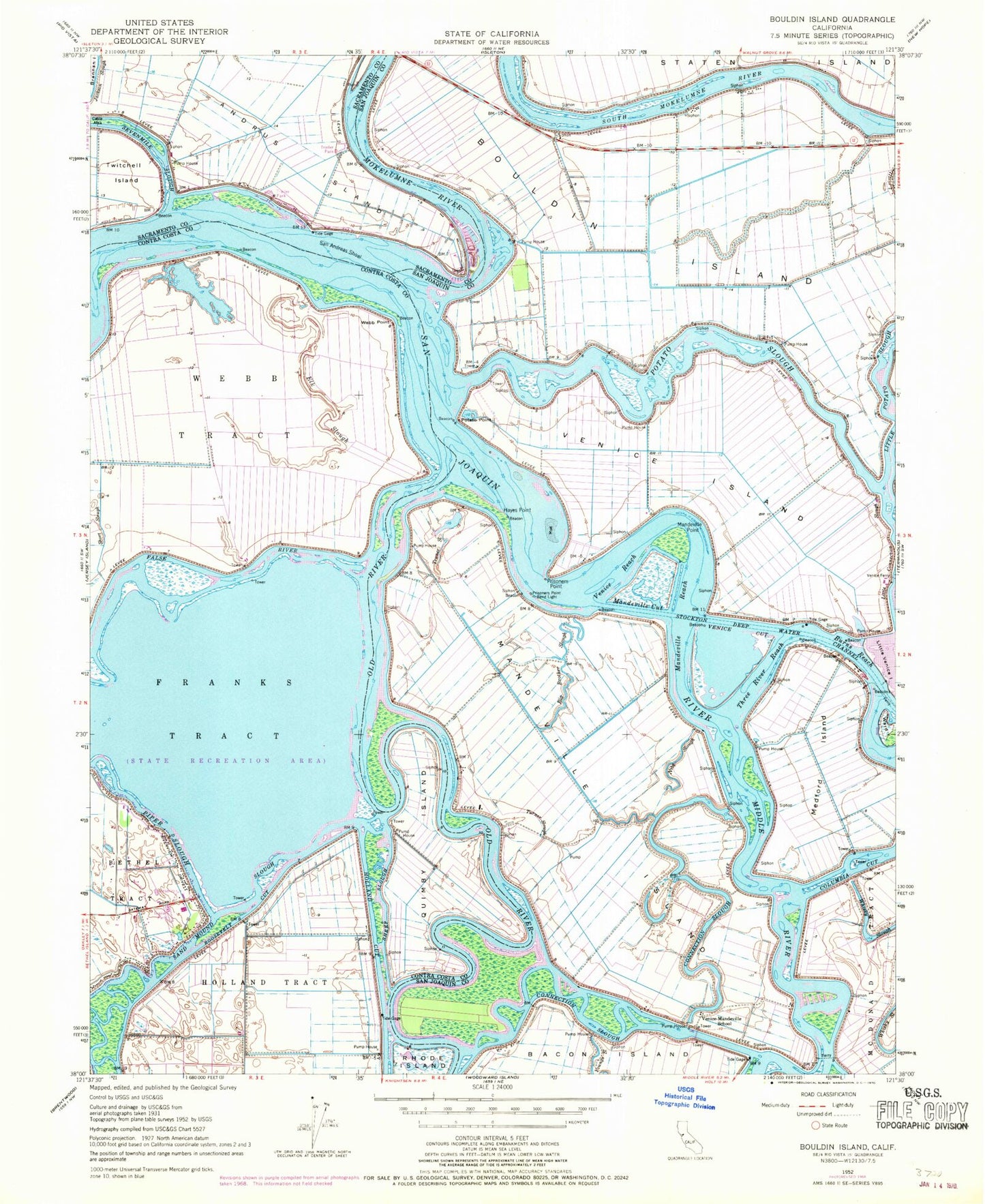 Classic USGS Bouldin Island California 7.5'x7.5' Topo Map Image