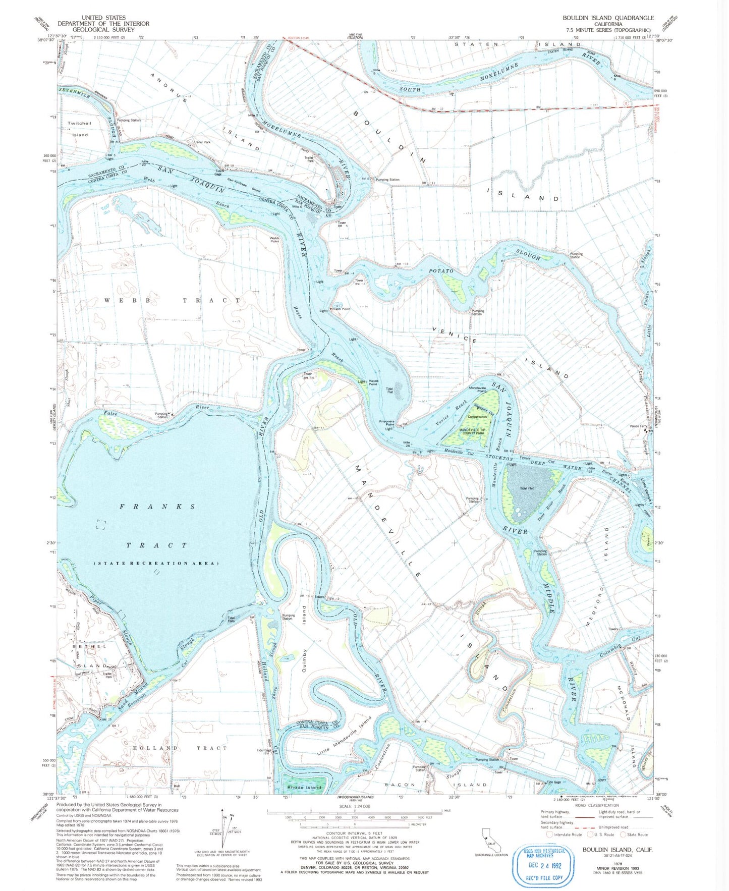 Classic USGS Bouldin Island California 7.5'x7.5' Topo Map Image