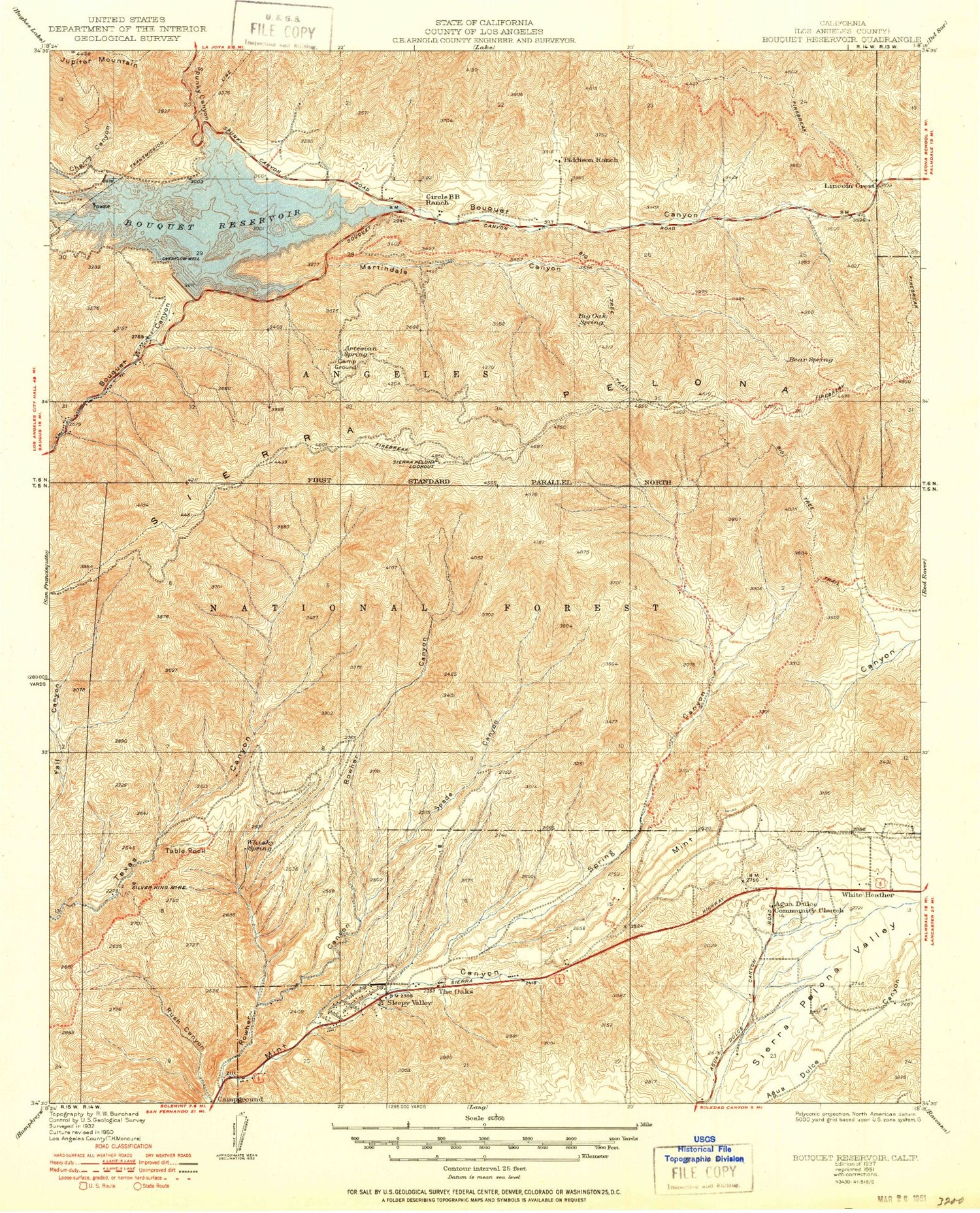 Classic USGS Bouquet Reservoir California 7.5'x7.5' Topo Map Image