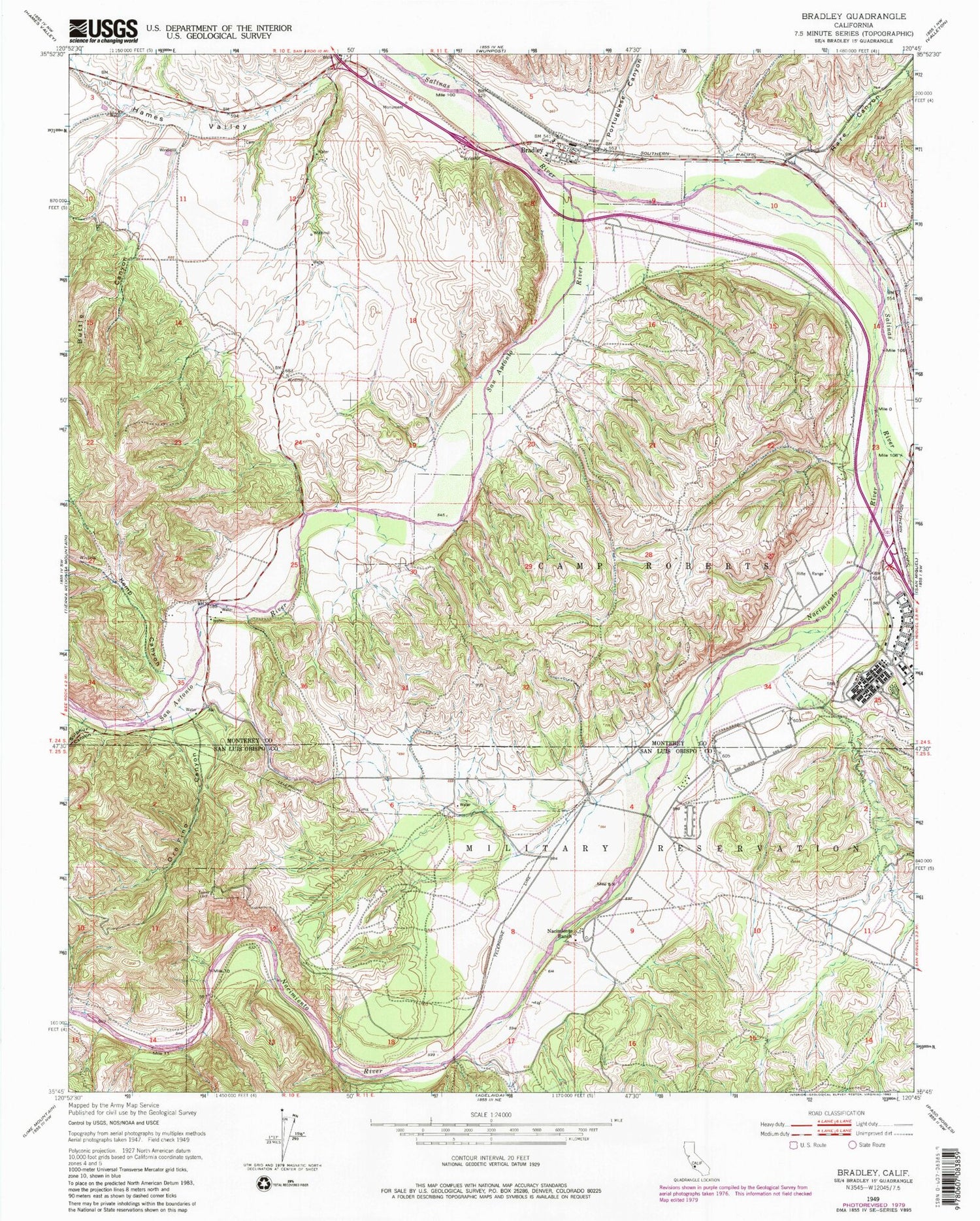 Classic USGS Bradley California 7.5'x7.5' Topo Map Image