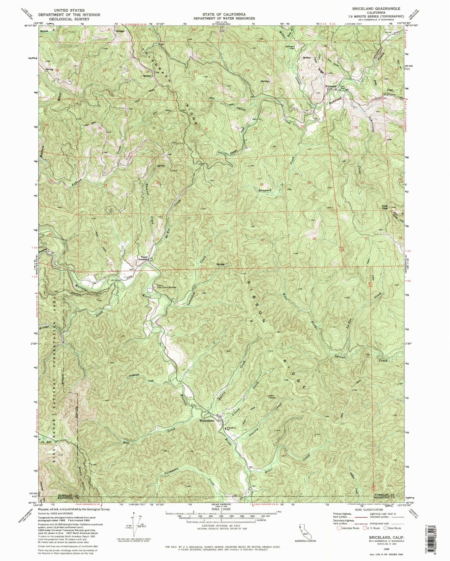 Classic USGS Briceland California 7.5'x7.5' Topo Map Image
