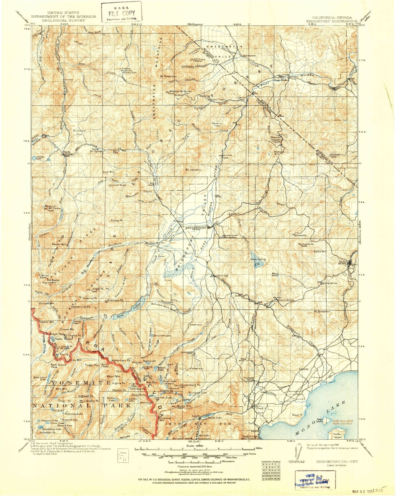 Historic 1911 Bridgeport California 30'x30' Topo Map Image