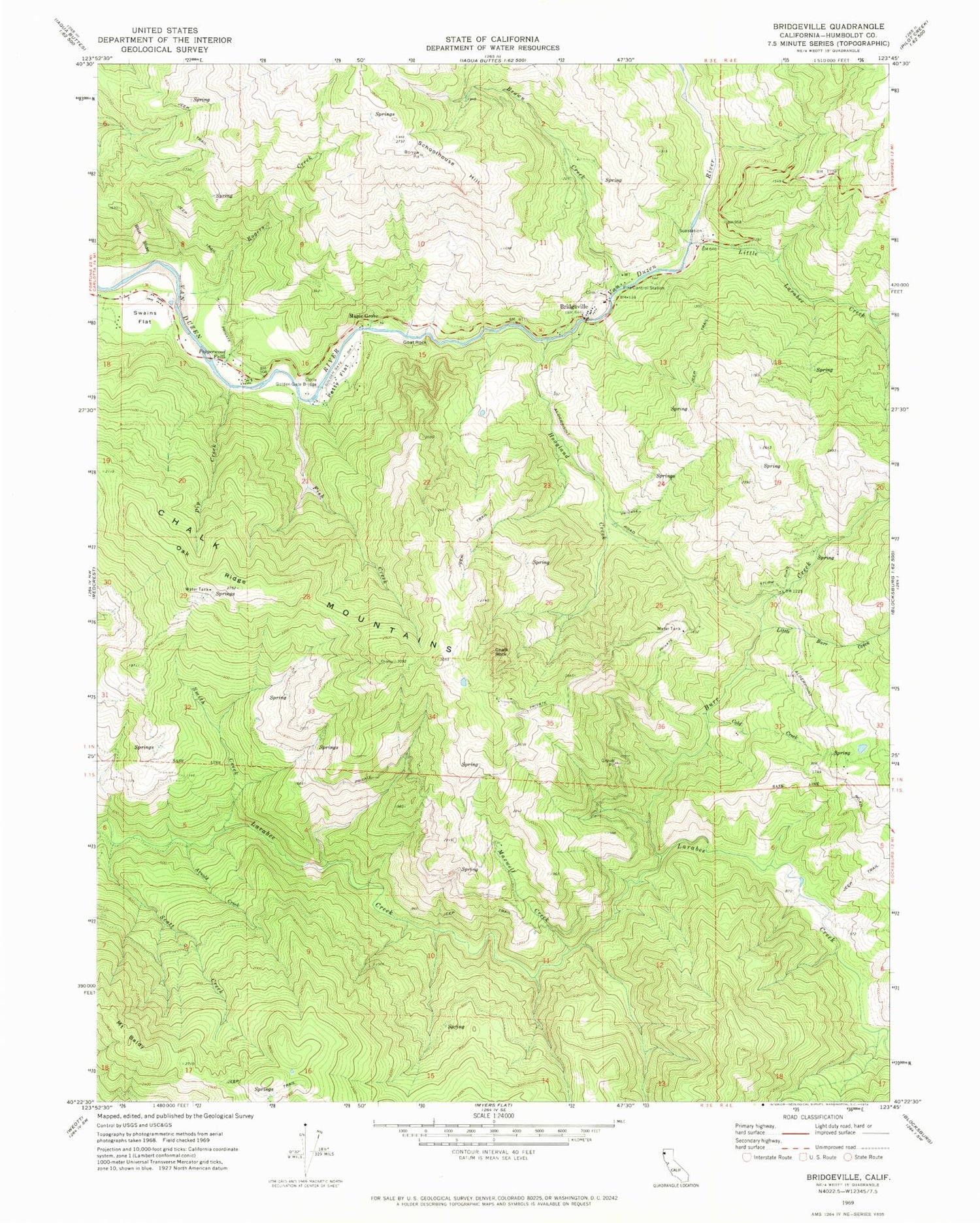 Classic USGS Bridgeville California 7.5'x7.5' Topo Map Image