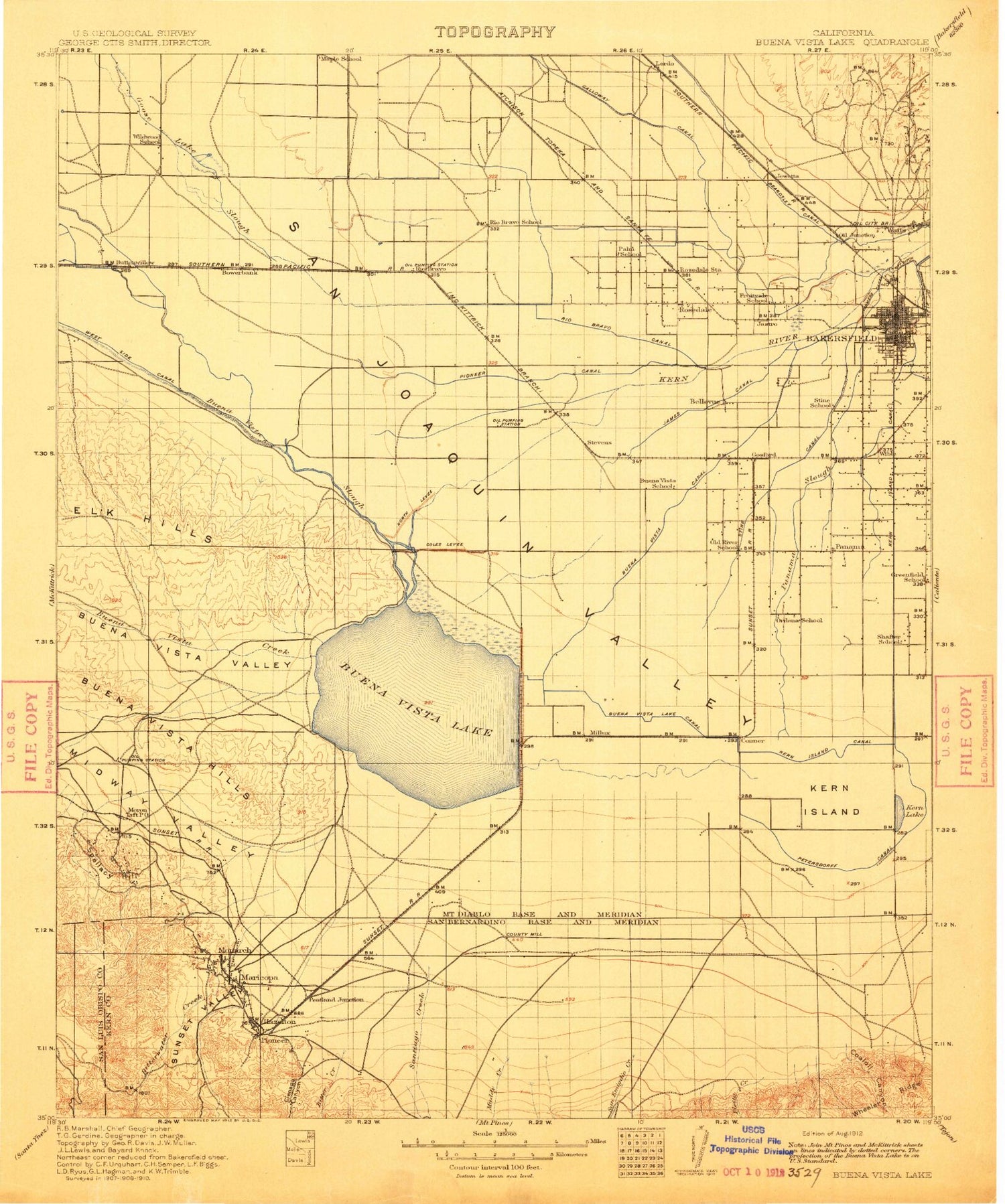 Historic 1910 Buena Vista Lake California 30'x30' Topo Map Image