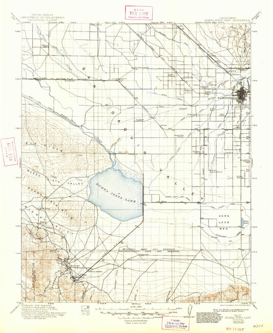 Historic 1912 Buena Vista Lake California 30'x30' Topo Map Image