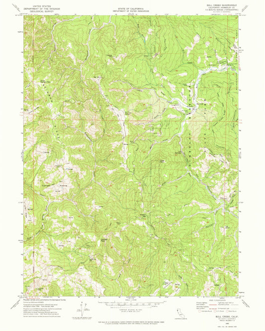 Classic USGS Bull Creek California 7.5'x7.5' Topo Map Image