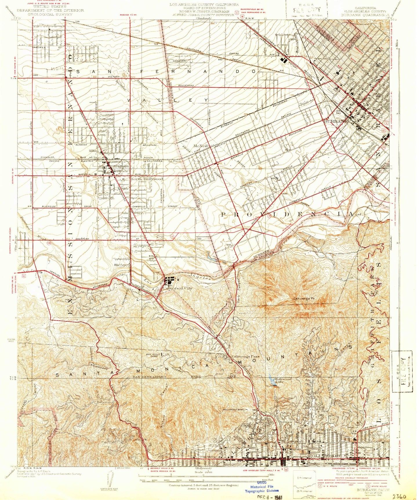Classic USGS Burbank California 7.5'x7.5' Topo Map Image