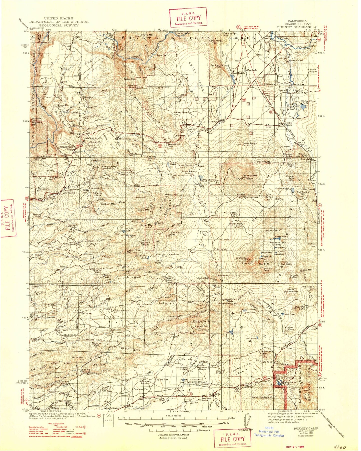 Historic 1939 Burney California 30'x30' Topo Map Image