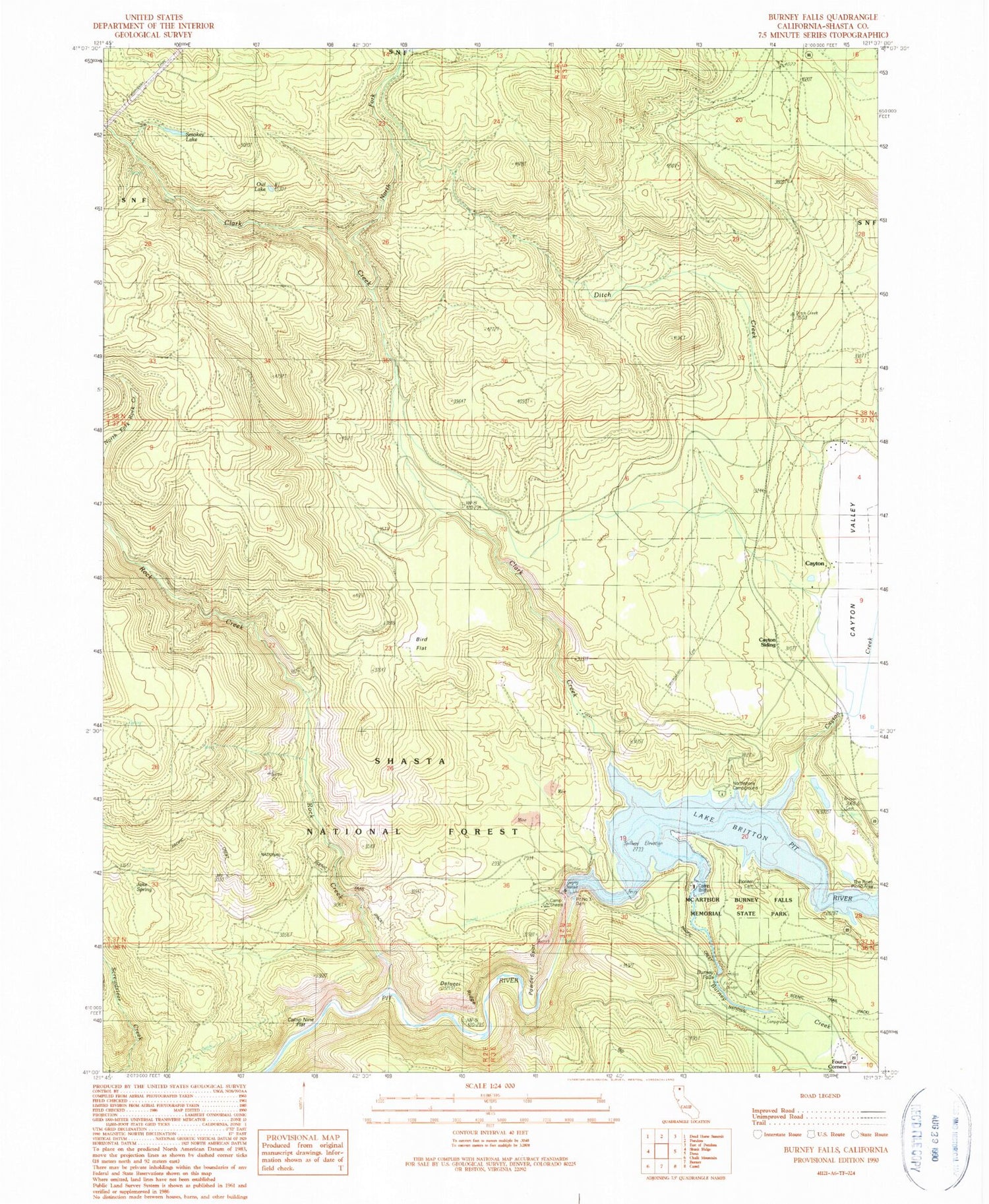 Classic USGS Burney Falls California 7.5'x7.5' Topo Map Image