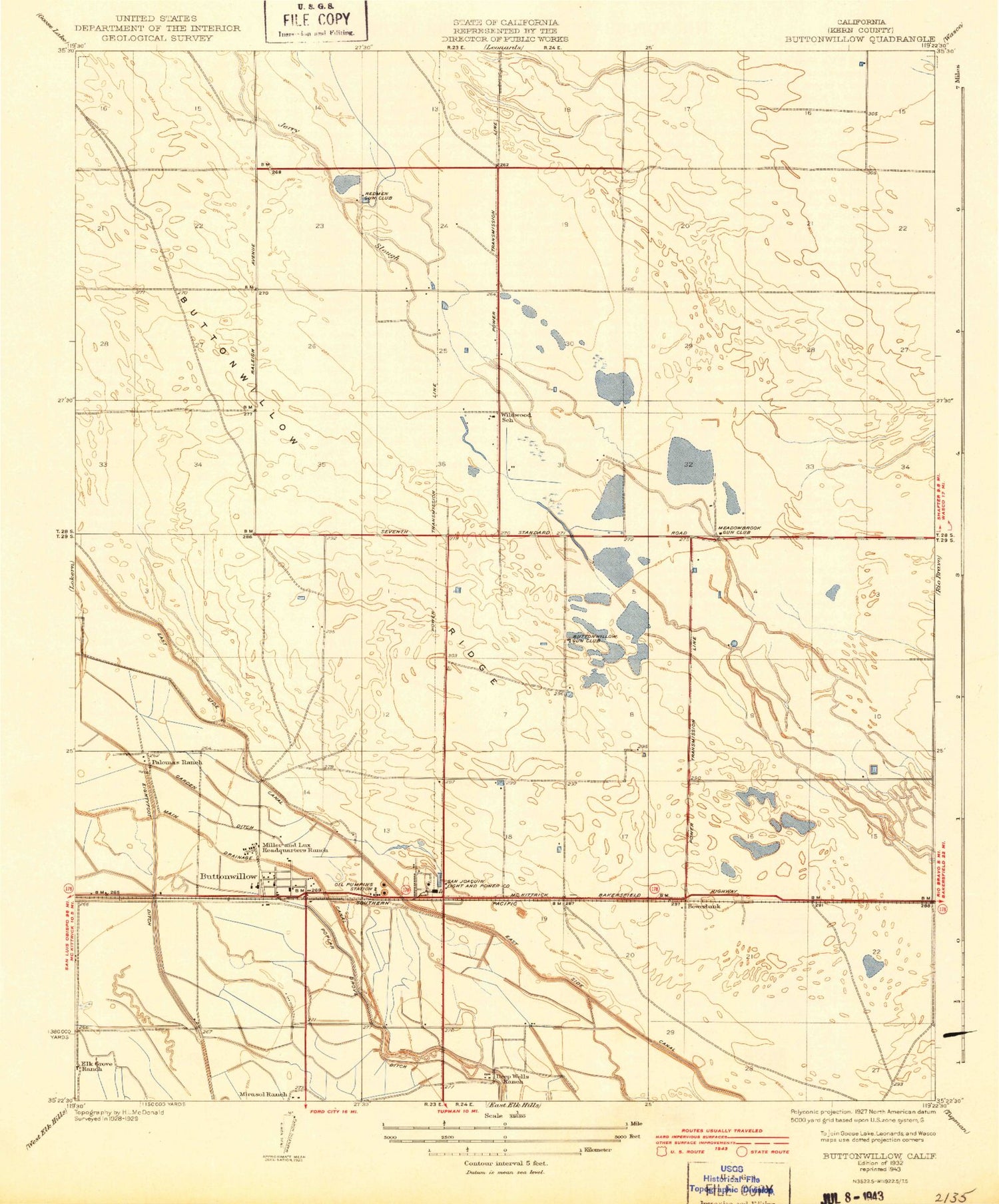 Classic USGS Buttonwillow California 7.5'x7.5' Topo Map Image