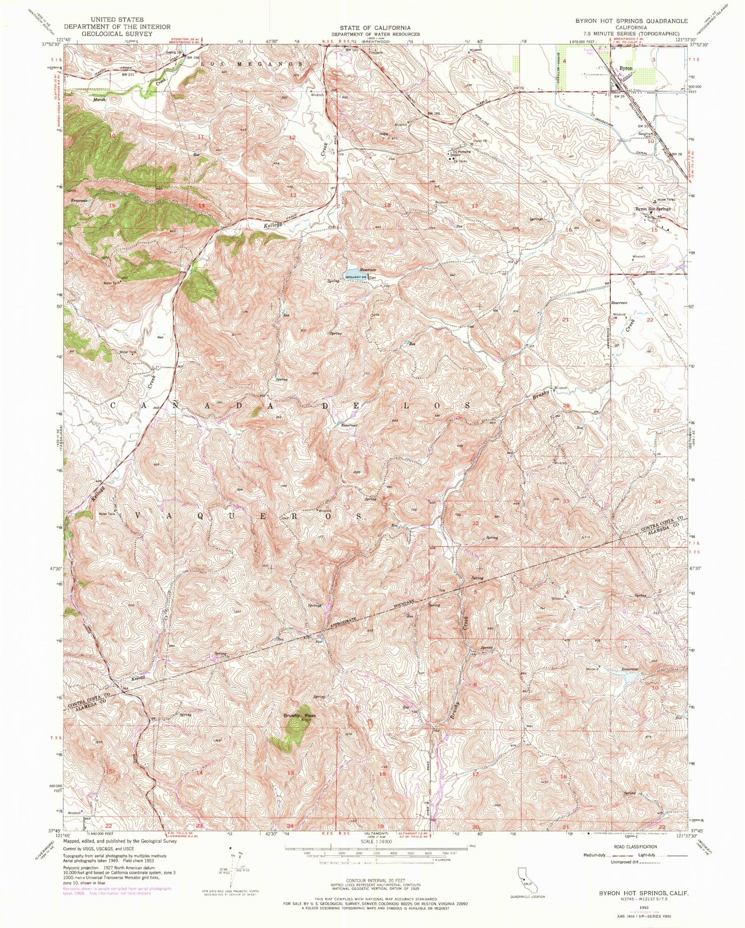 Classic USGS Byron Hot Springs California 7.5'x7.5' Topo Map Image