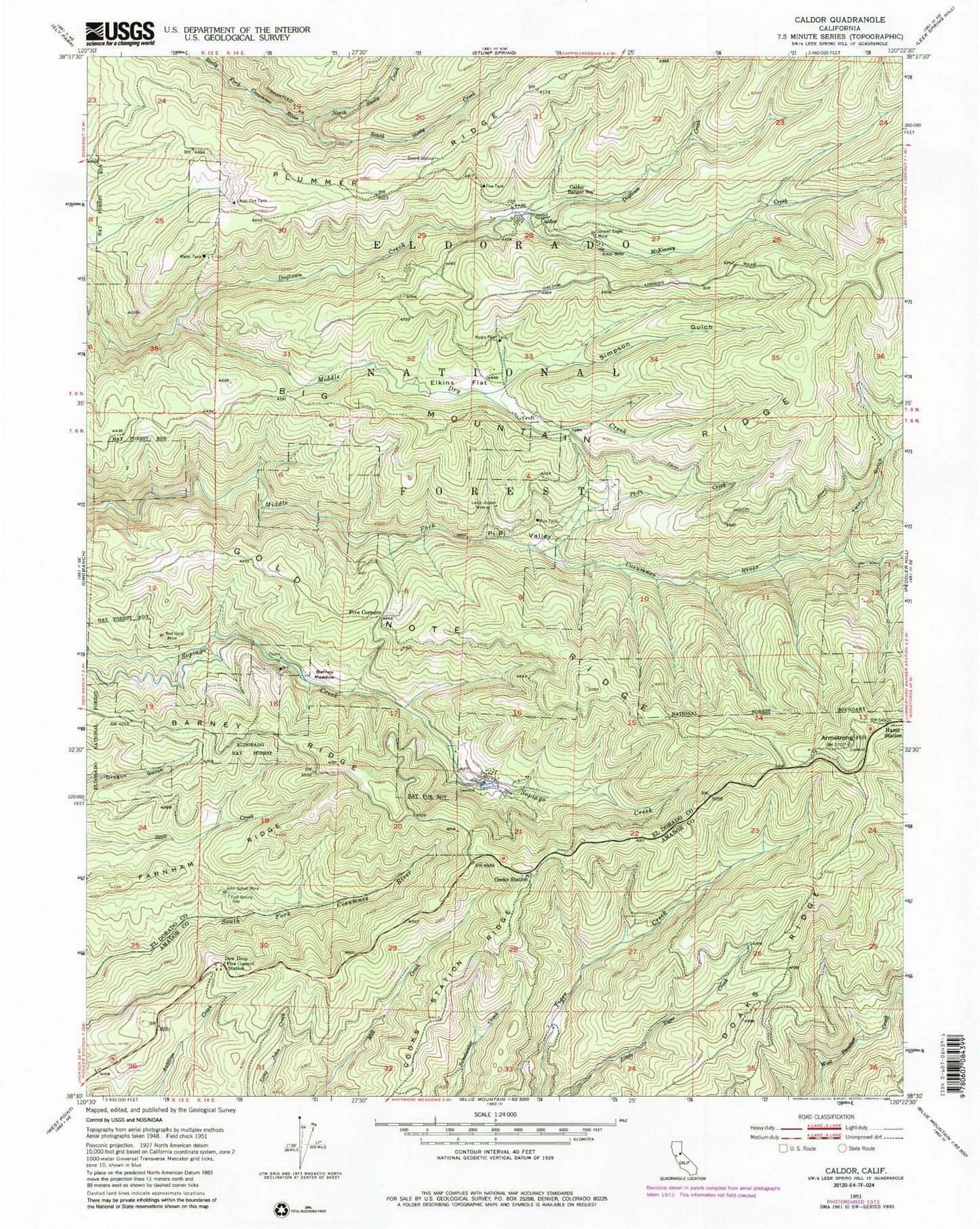 Classic USGS Caldor California 7.5'x7.5' Topo Map Image