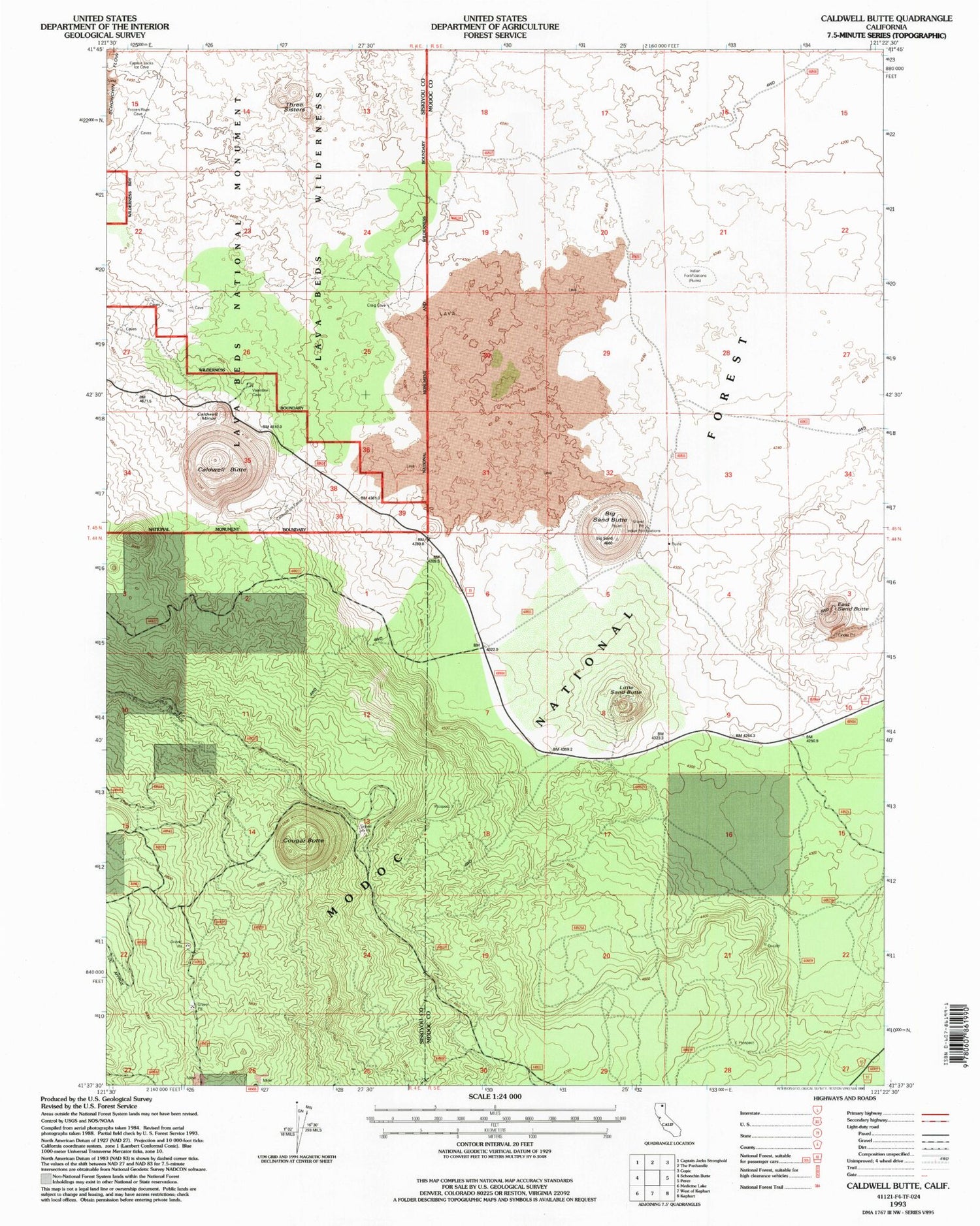 Classic USGS Caldwell Butte California 7.5'x7.5' Topo Map Image