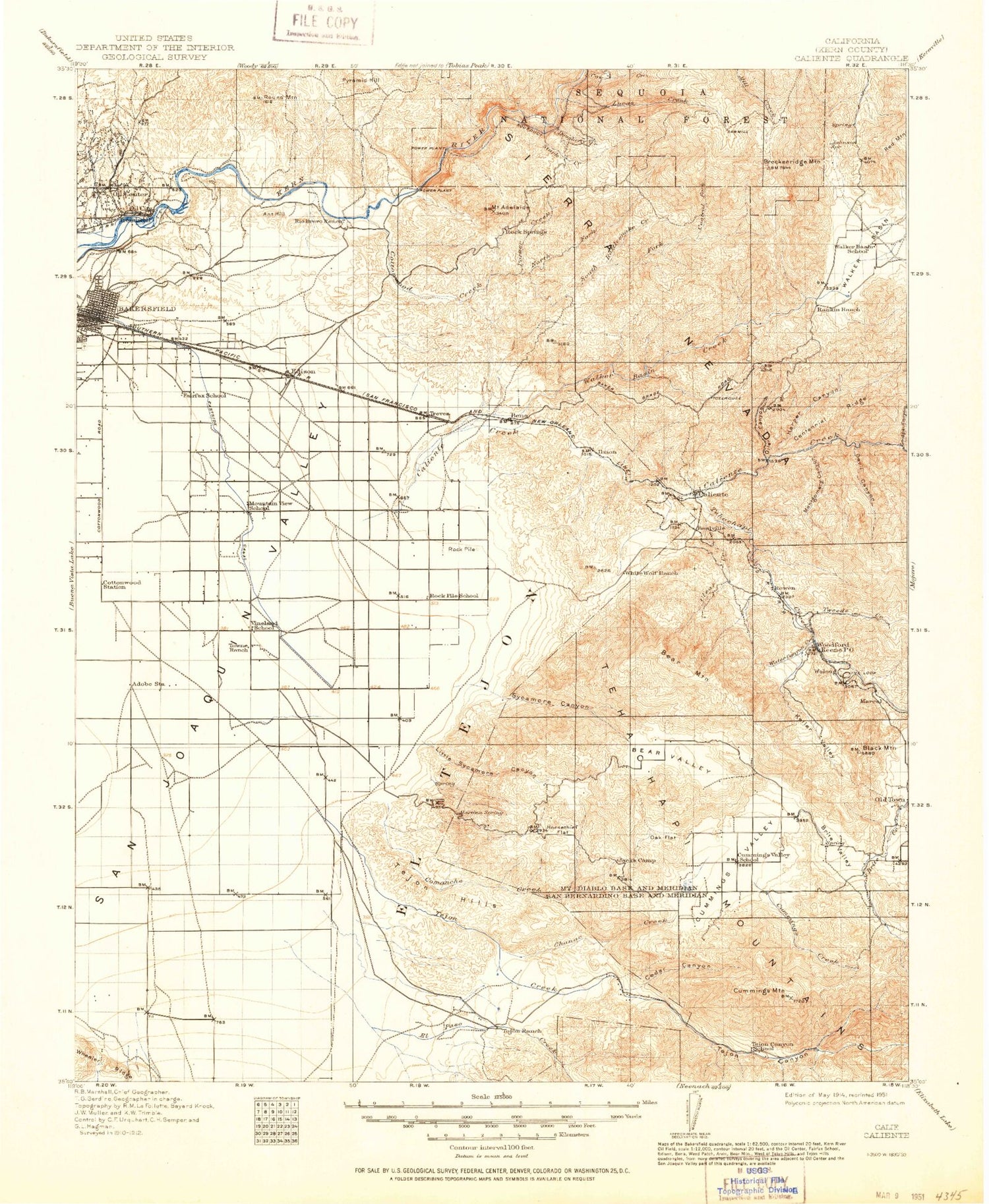 Historic 1914 Caliente California 30'x30' Topo Map Image