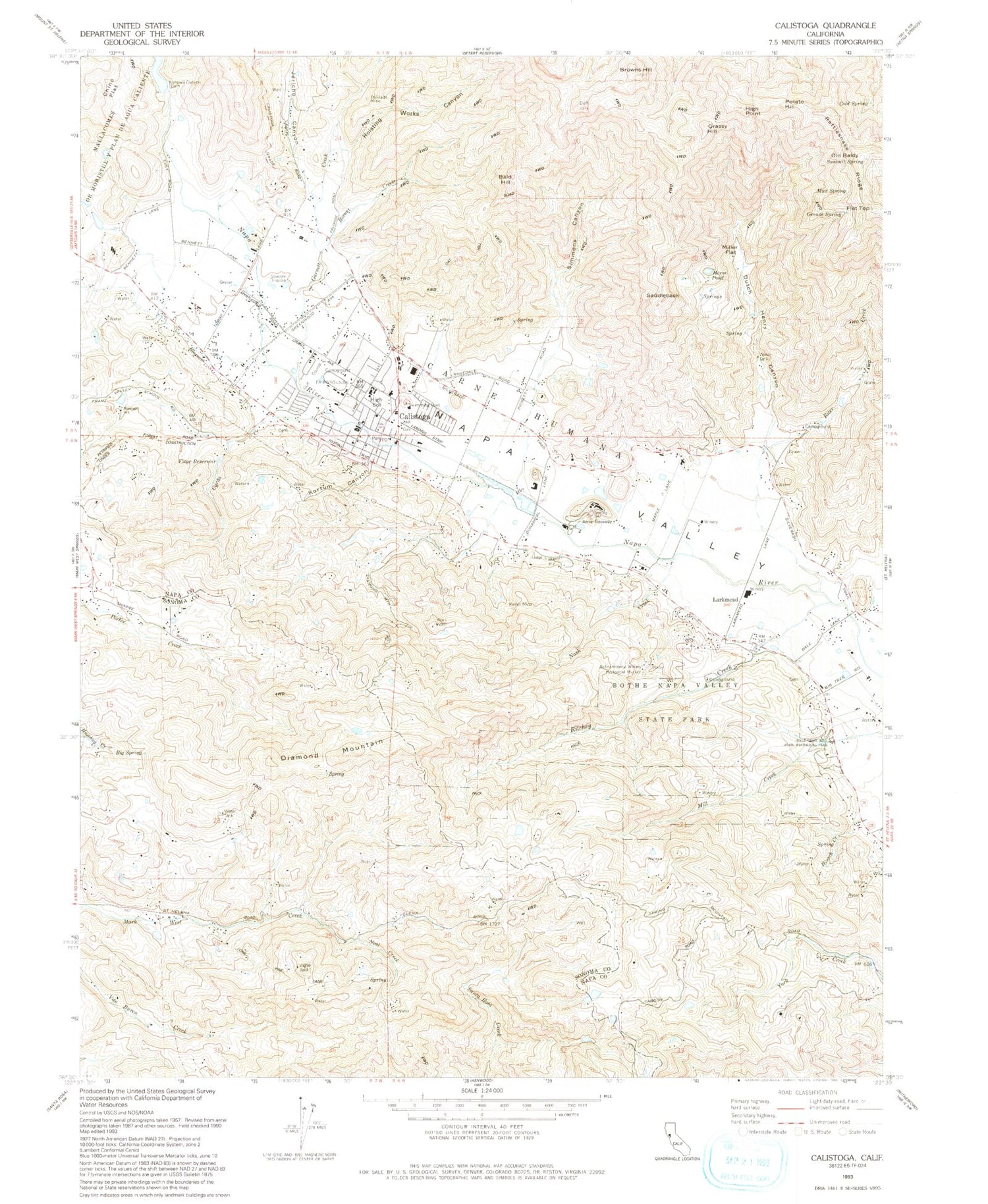 Classic USGS Calistoga California 7.5'x7.5' Topo Map Image