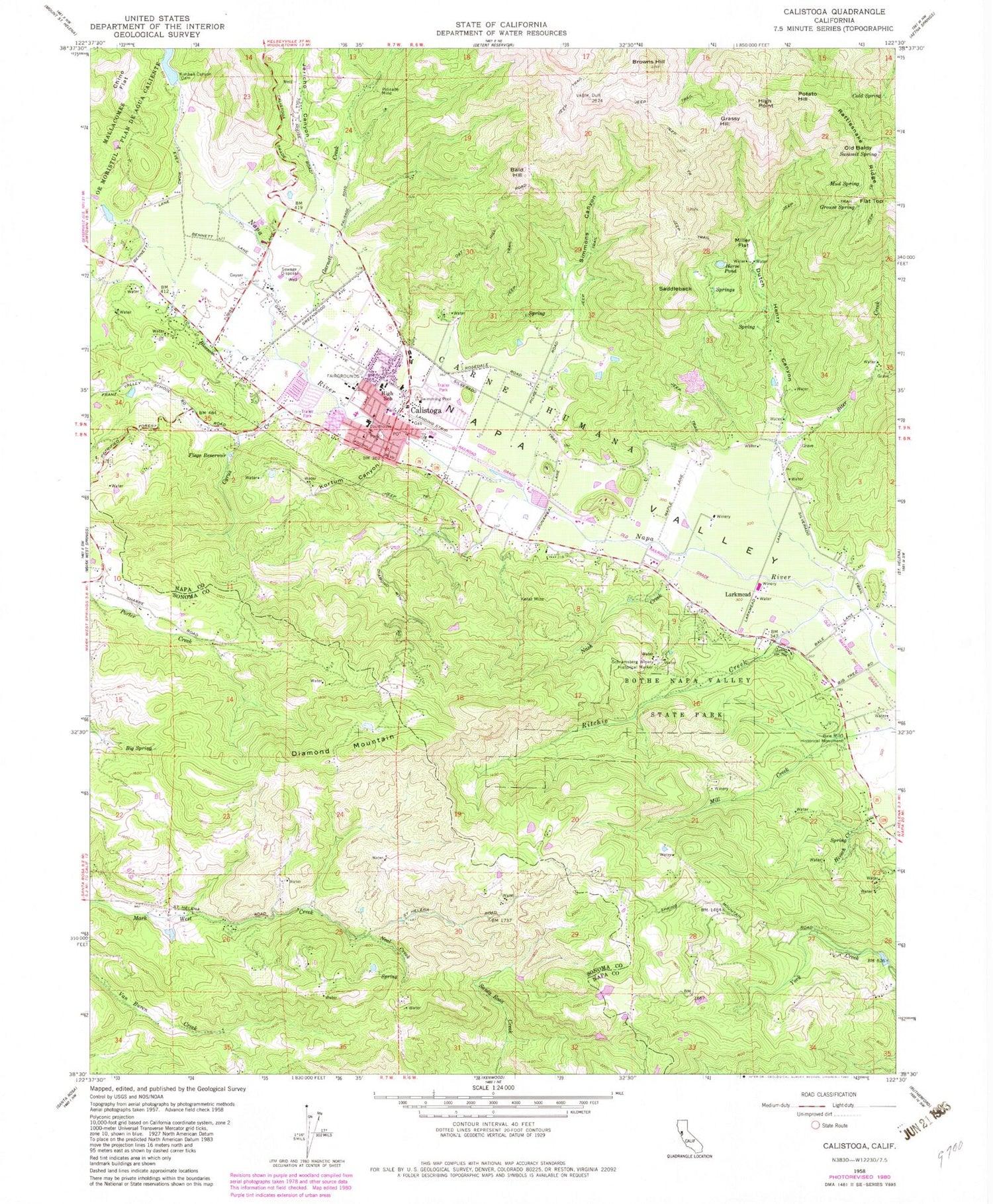 Classic USGS Calistoga California 7.5'x7.5' Topo Map Image