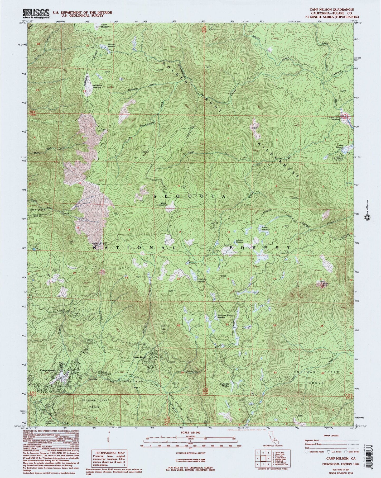 Classic USGS Camp Nelson California 7.5'x7.5' Topo Map Image
