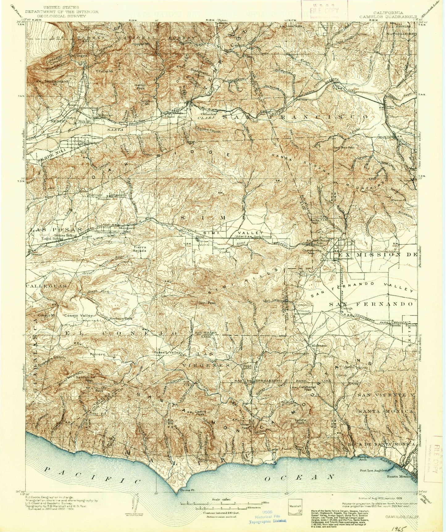 Historic 1903 Camulos California 30'x30' Topo Map Image