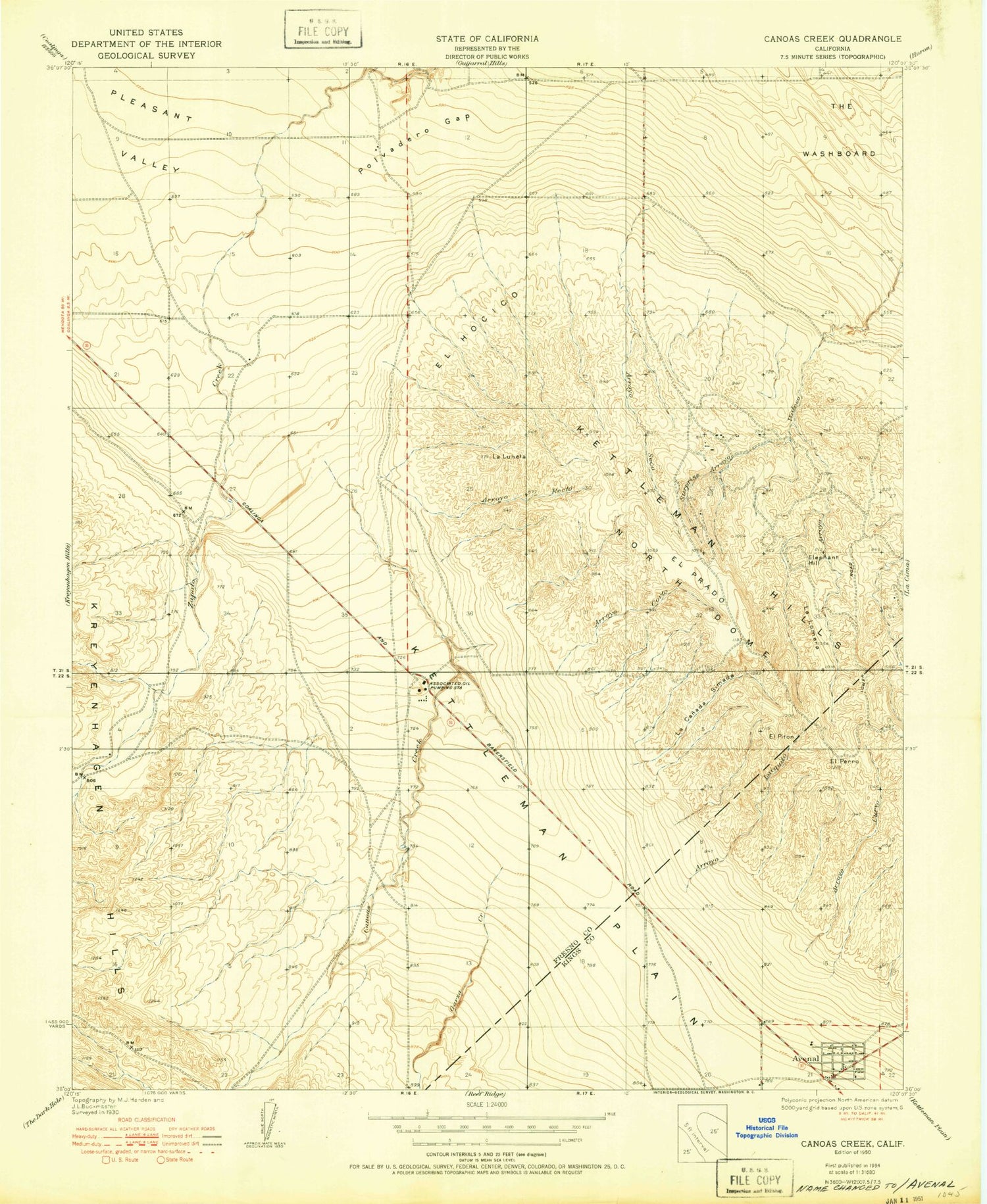 Classic USGS Avenal California 7.5'x7.5' Topo Map Image