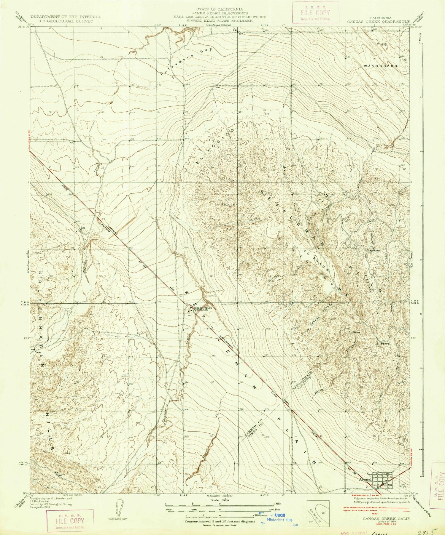 Classic USGS Avenal California 7.5'x7.5' Topo Map Image