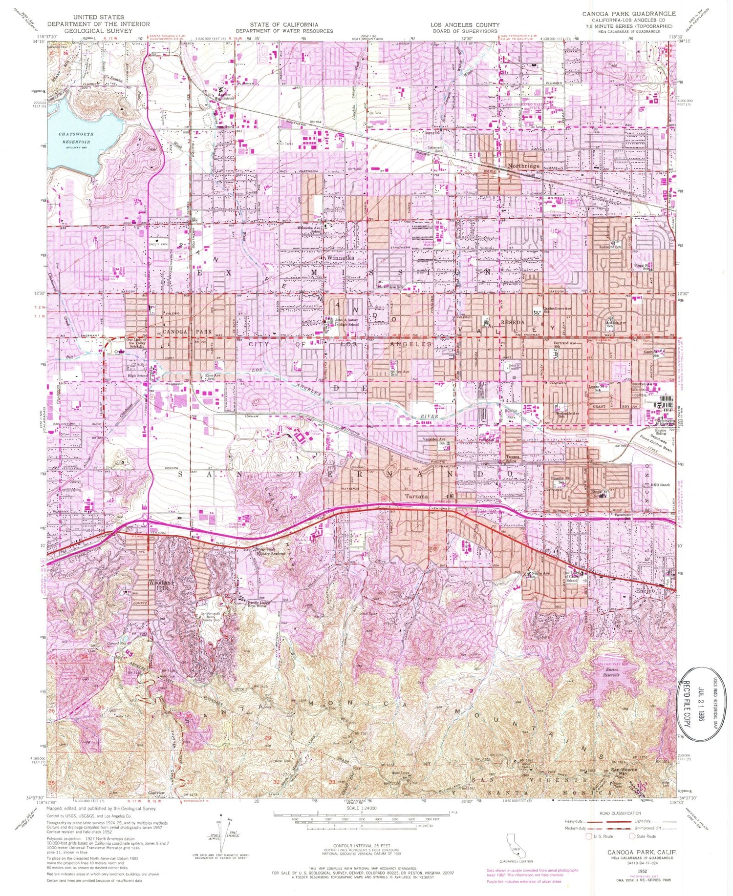 Classic USGS Canoga Park California 7.5'x7.5' Topo Map Image